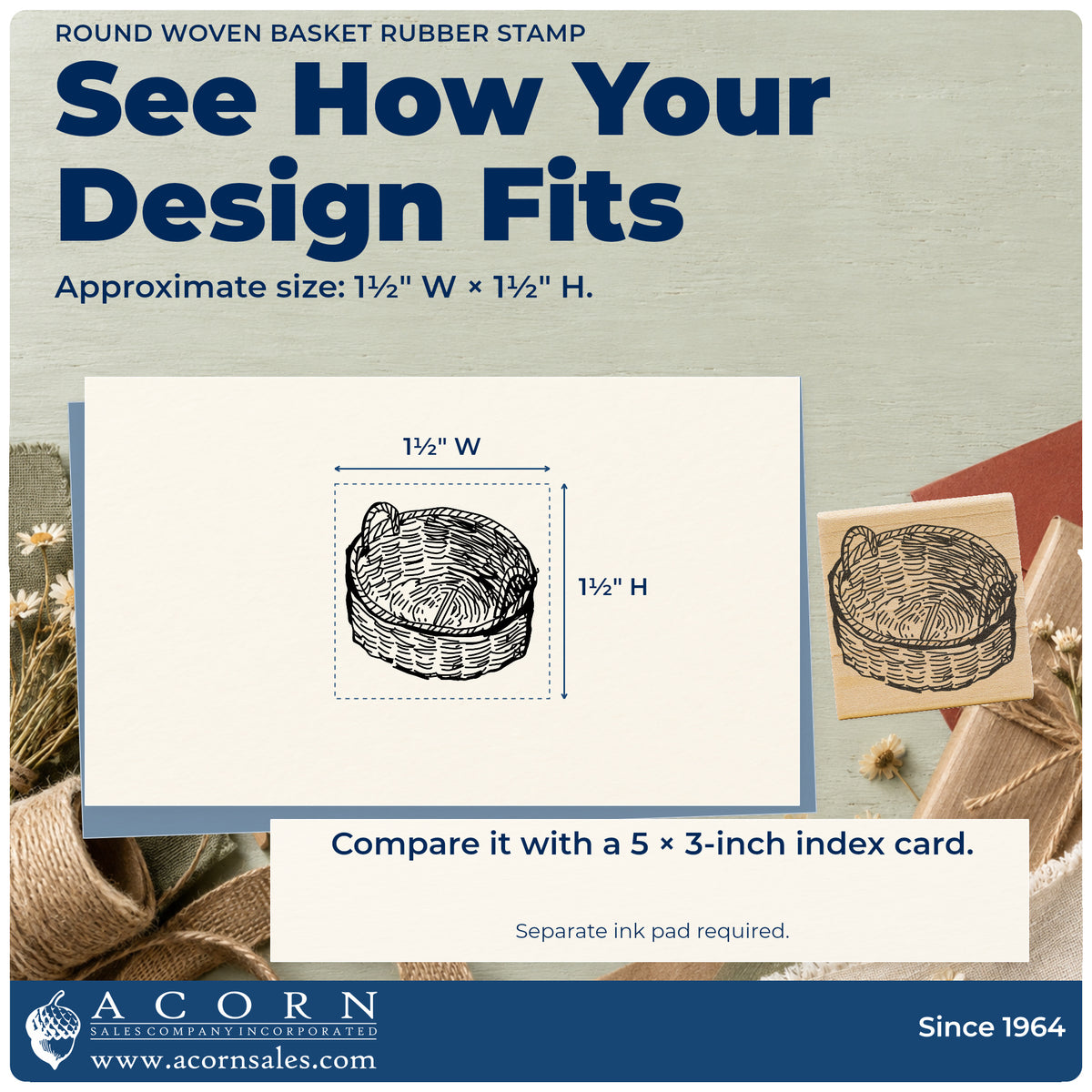 Round Woven Basket Rubber Stamp impression-size guide showing the design on a paper reference with dimension labels.
