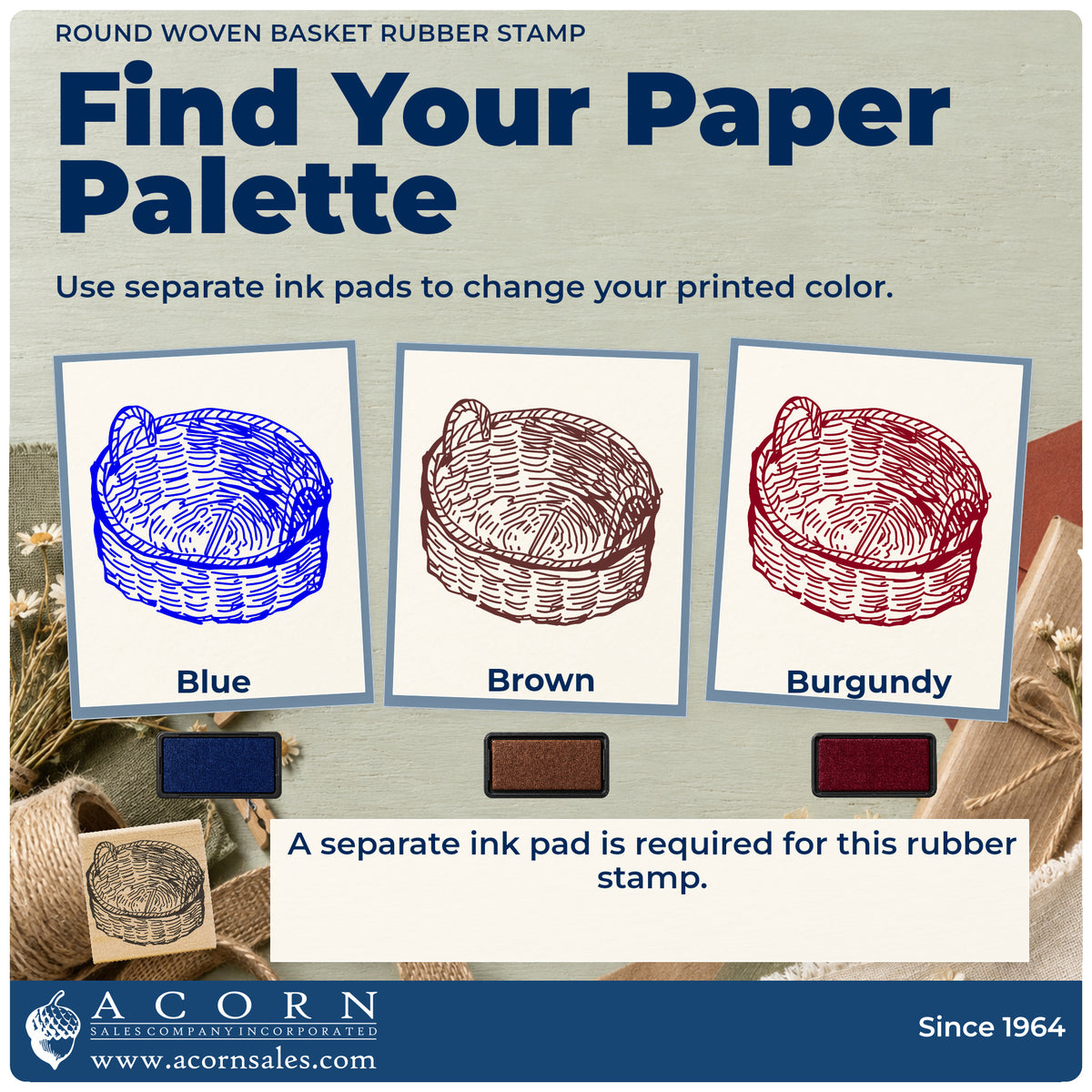 Round Woven Basket Rubber Stamp ink-color infographic comparing three single-color impressions and a separate ink pad.