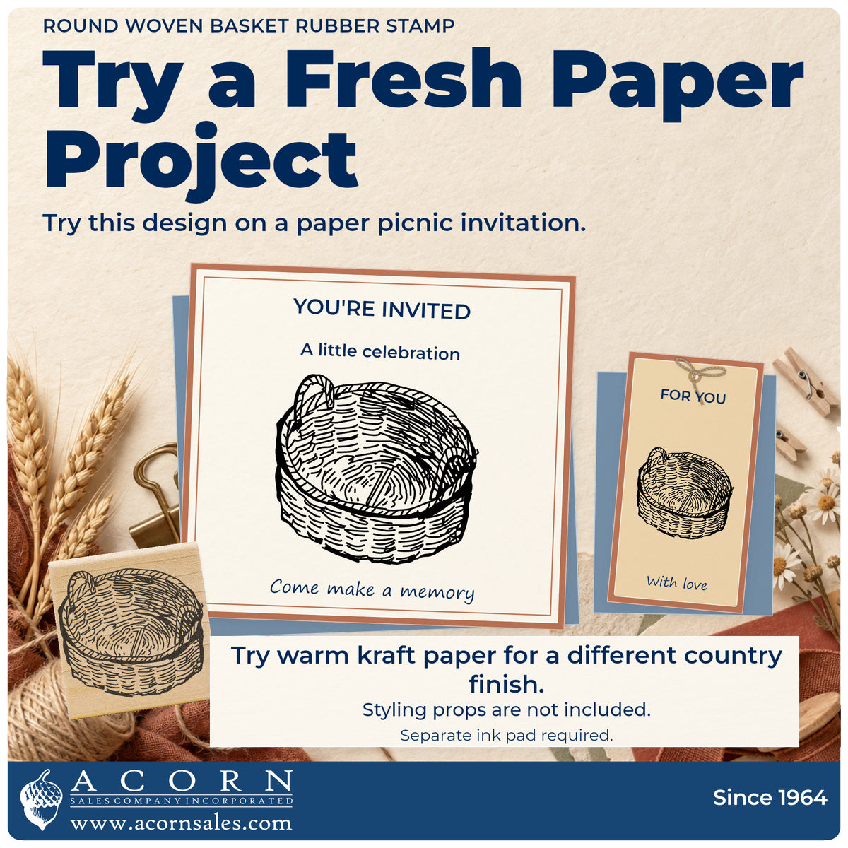 Round Woven Basket Rubber Stamp project inspiration: paper picnic invitation.