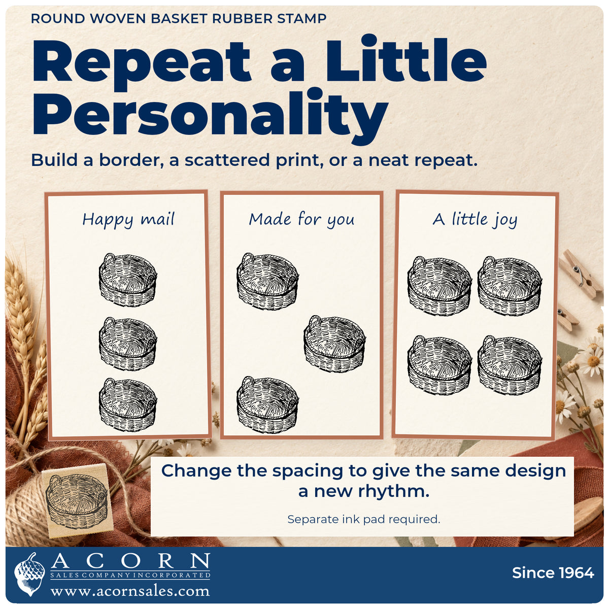Round Woven Basket Rubber Stamp pattern guide showing repeated impressions in borders, scattered prints and a grid.