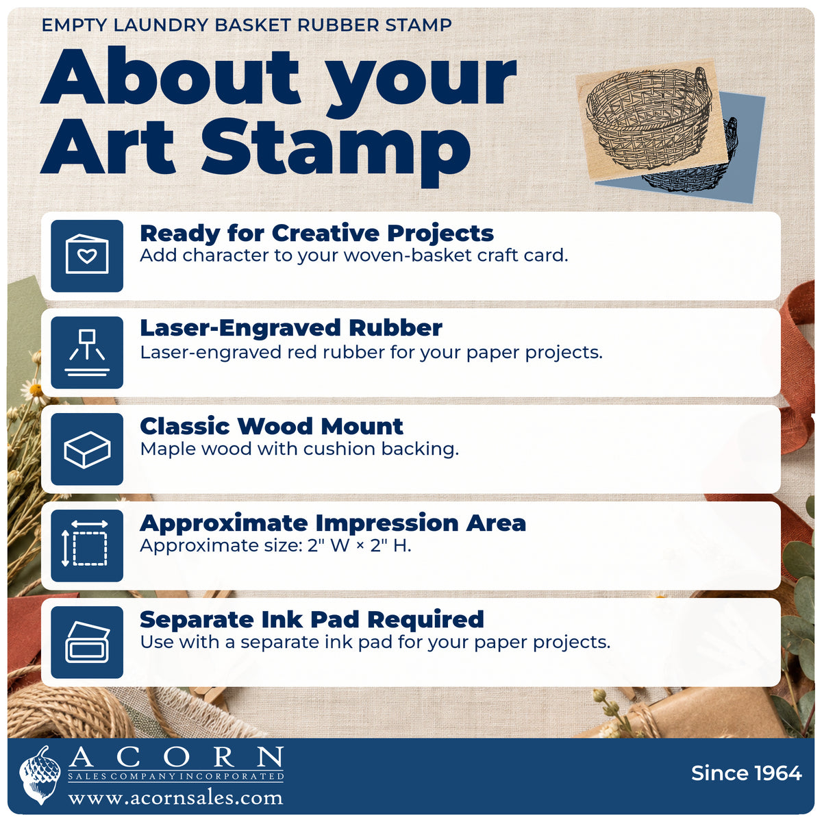 Empty Laundry Basket Rubber Stamp feature guide covering the wood mount, rubber construction, approximate size and separate ink pad.