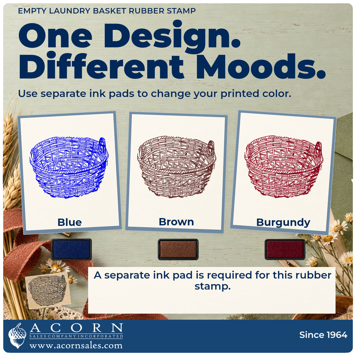 Empty Laundry Basket Rubber Stamp ink-color infographic comparing three single-color impressions and a separate ink pad.
