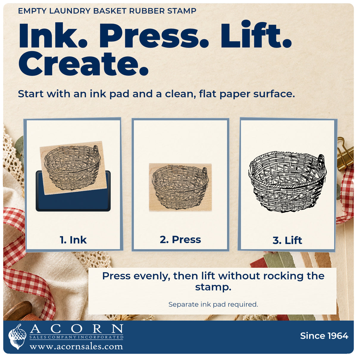 Empty Laundry Basket Rubber Stamp stamping guide illustrating how to ink, press and lift the stamp.