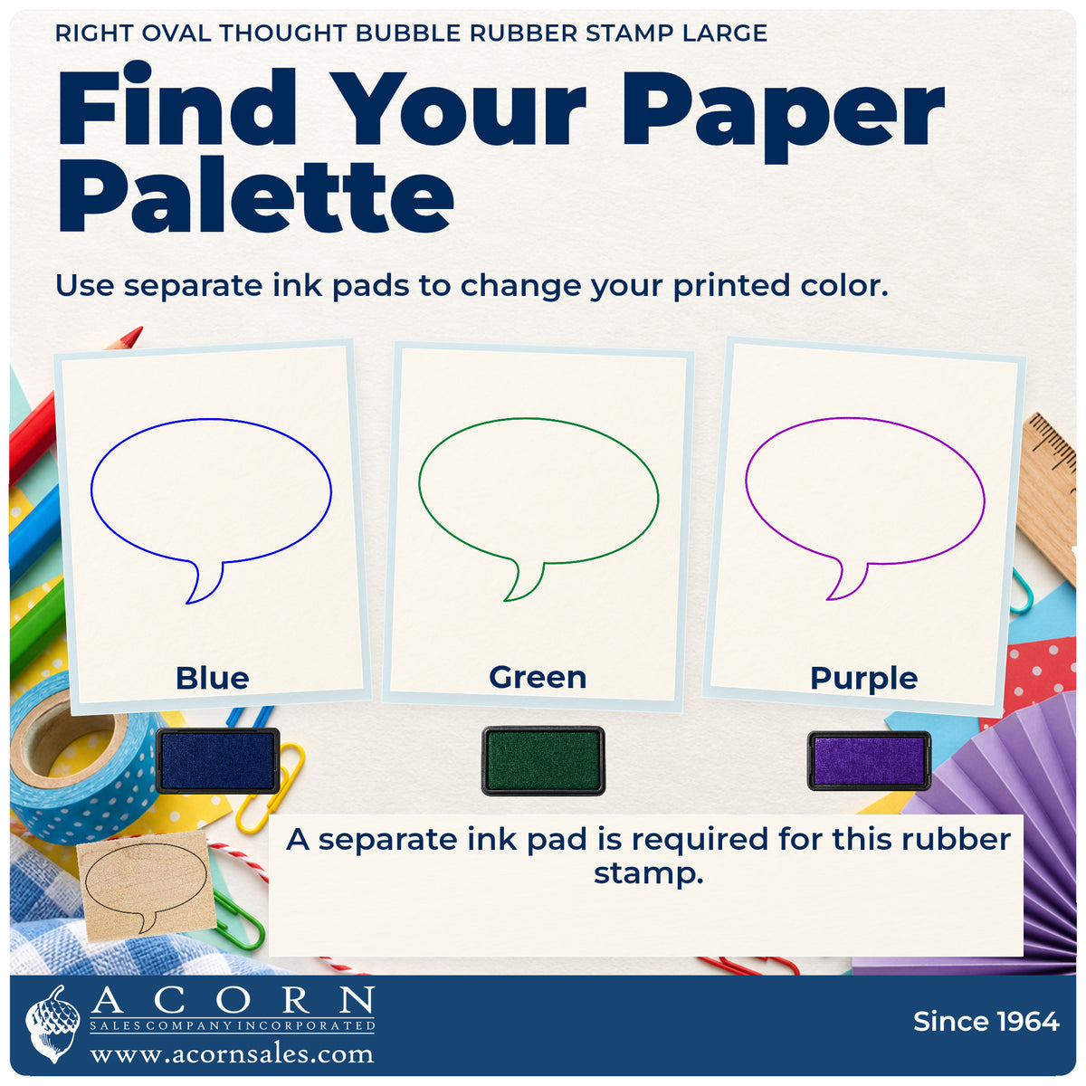 Right Oval Thought Bubble Rubber Stamp Large ink-color infographic comparing three single-color impressions and a separate ink pad.
