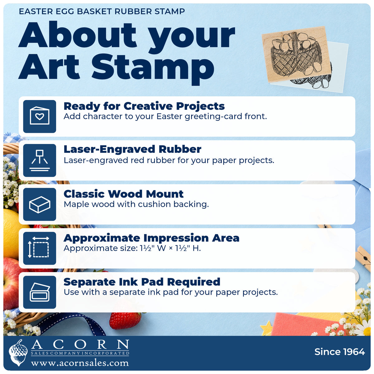 Easter Egg Basket Rubber Stamp feature guide covering the wood mount, rubber construction, approximate size and separate ink pad.