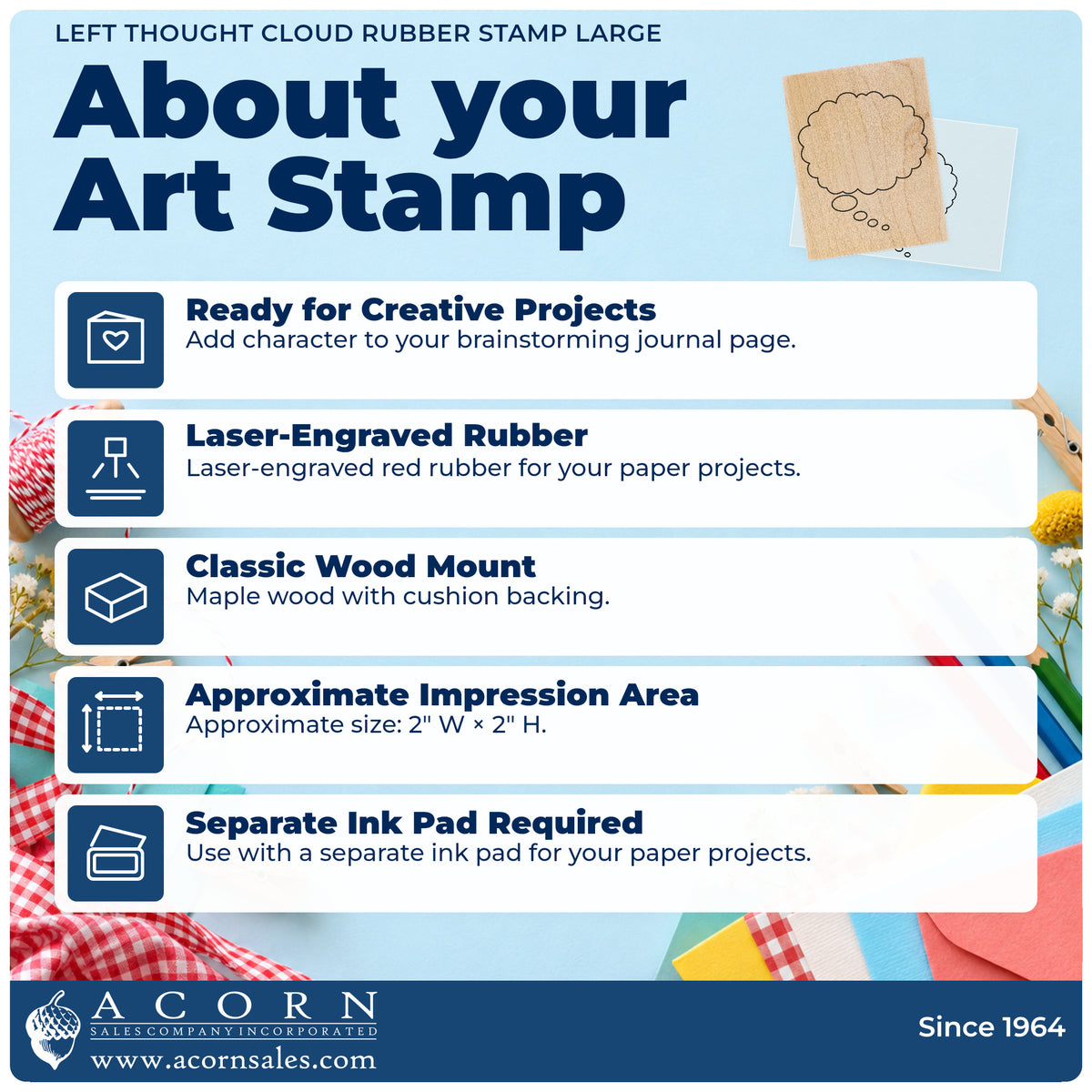 Left Thought Cloud Rubber Stamp Large feature guide covering the wood mount, rubber construction, approximate size and separate ink pad.