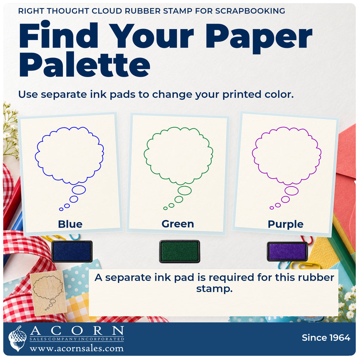 Right Thought Cloud Rubber Stamp for Scrapbooking ink-color infographic comparing three single-color impressions and a separate ink pad.