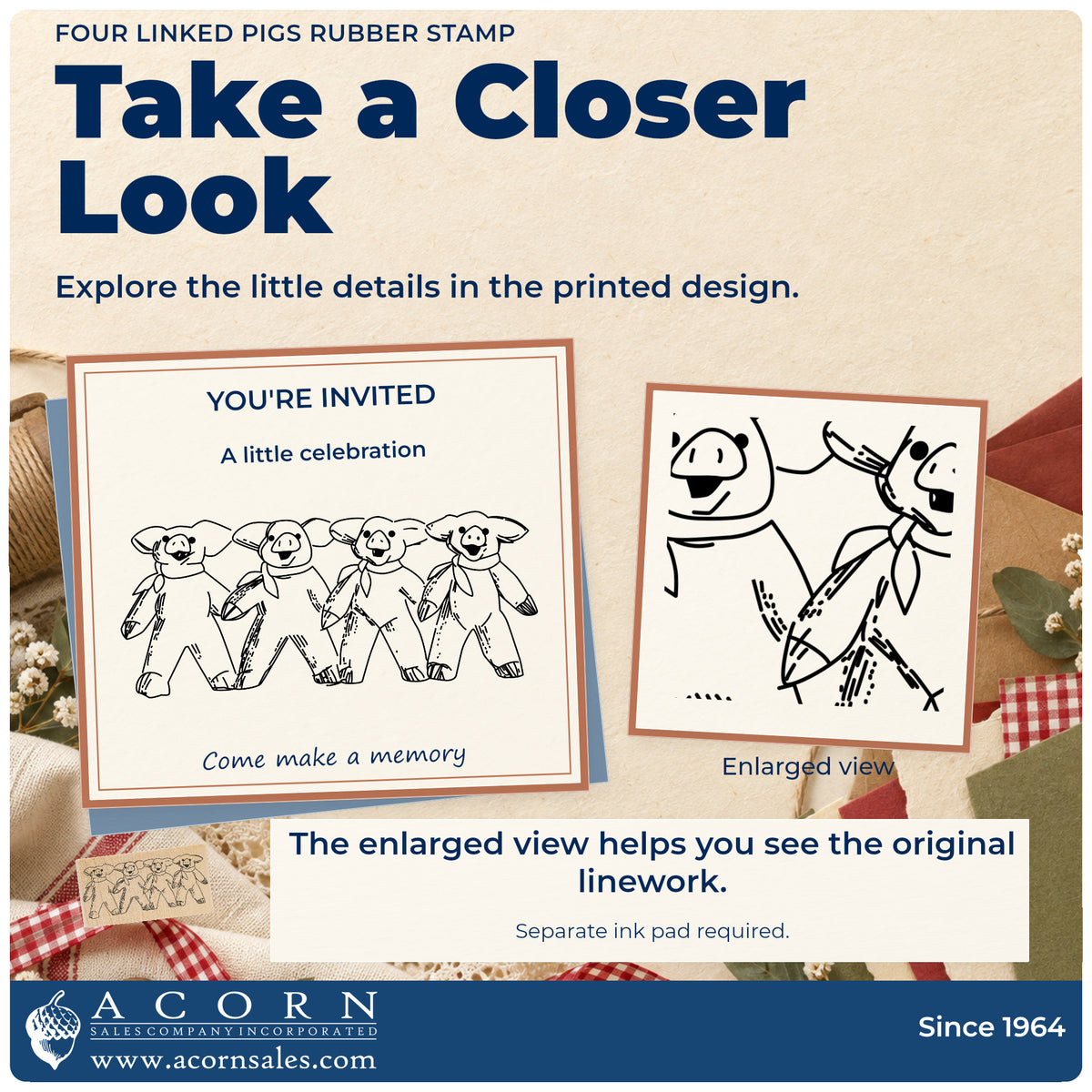 Four Linked Pigs Rubber Stamp detail infographic with an enlarged view of the printed design.