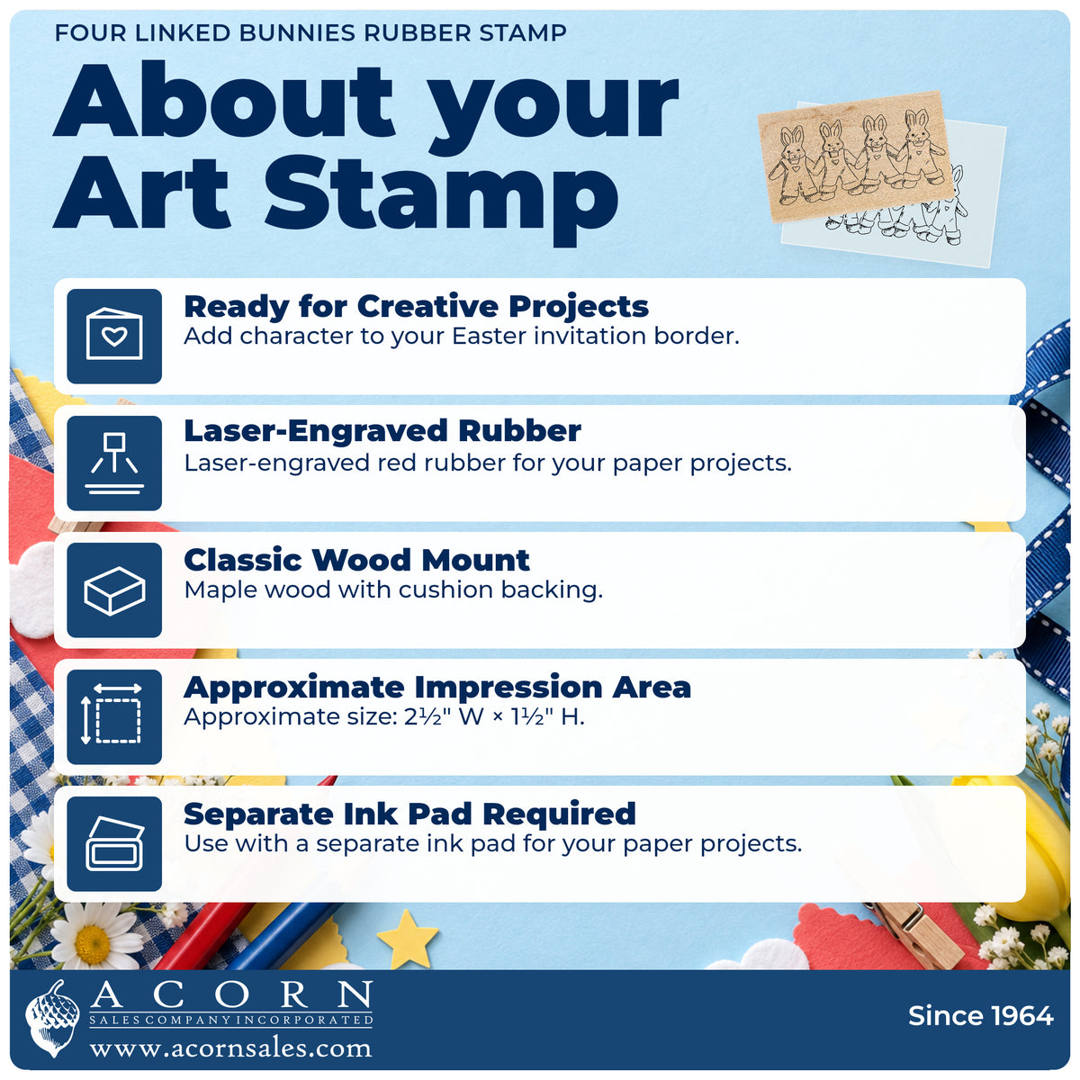 Four Linked Bunnies Rubber Stamp feature guide covering the wood mount, rubber construction, approximate size and separate ink pad.