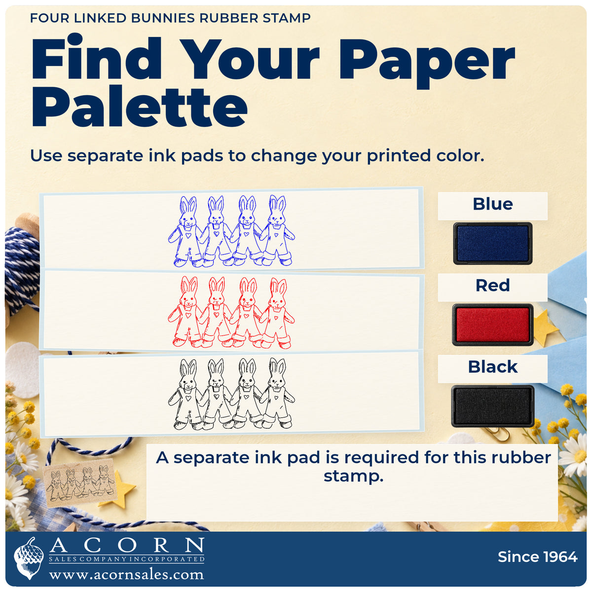 Four Linked Bunnies Rubber Stamp ink-color infographic comparing three single-color impressions and a separate ink pad.