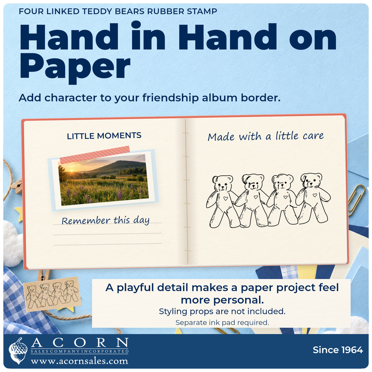 Four Linked Teddy Bears Rubber Stamp project inspiration: friendship album border.