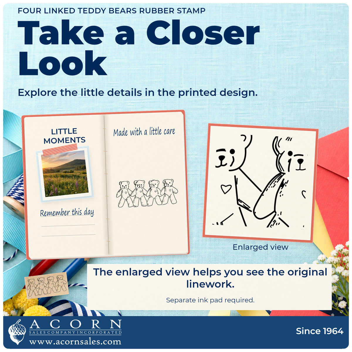 Four Linked Teddy Bears Rubber Stamp detail infographic with an enlarged view of the printed design.