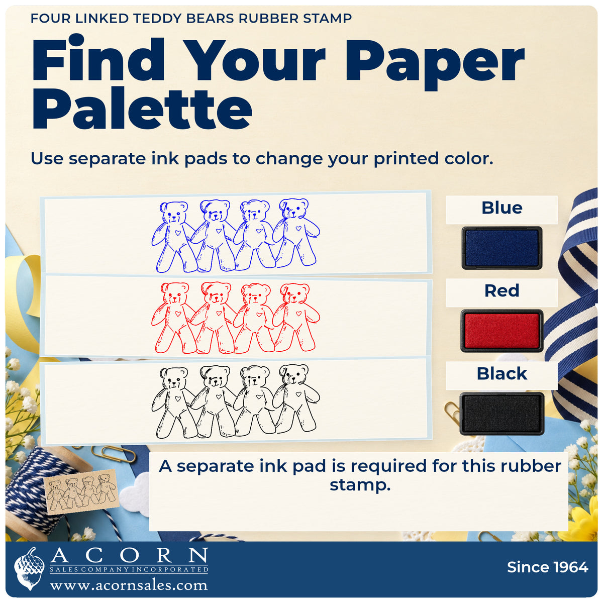 Four Linked Teddy Bears Rubber Stamp ink-color infographic comparing three single-color impressions and a separate ink pad.