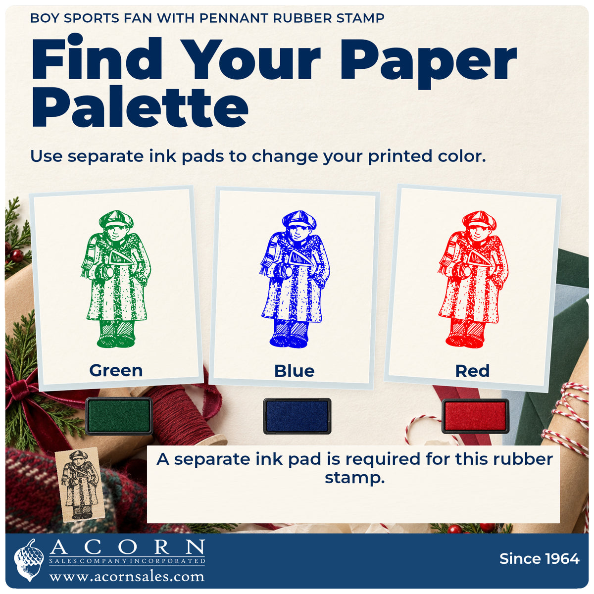 Boy Sports Fan with Pennant Rubber Stamp ink-color infographic comparing three single-color impressions and a separate ink pad.