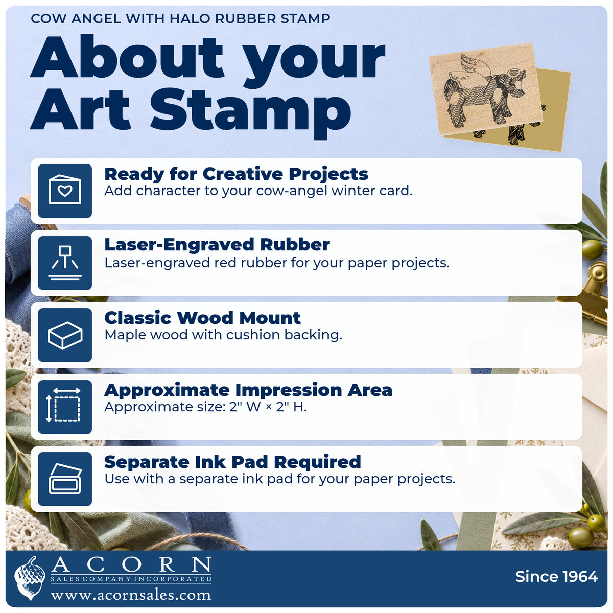 Cow Angel with Halo Rubber Stamp feature guide covering the wood mount, rubber construction, approximate size and separate ink pad.