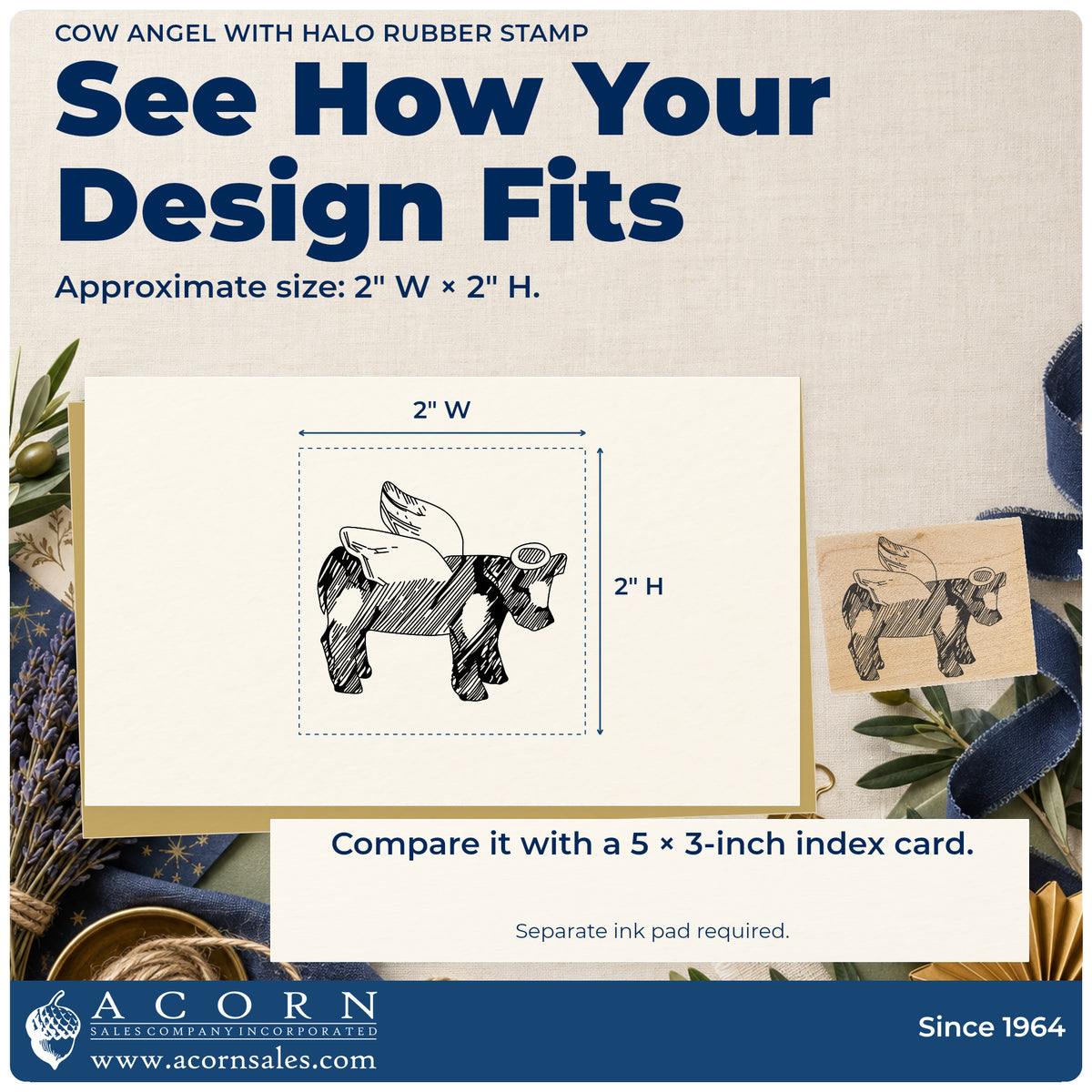 Cow Angel with Halo Rubber Stamp impression-size guide showing the design on a paper reference with dimension labels.