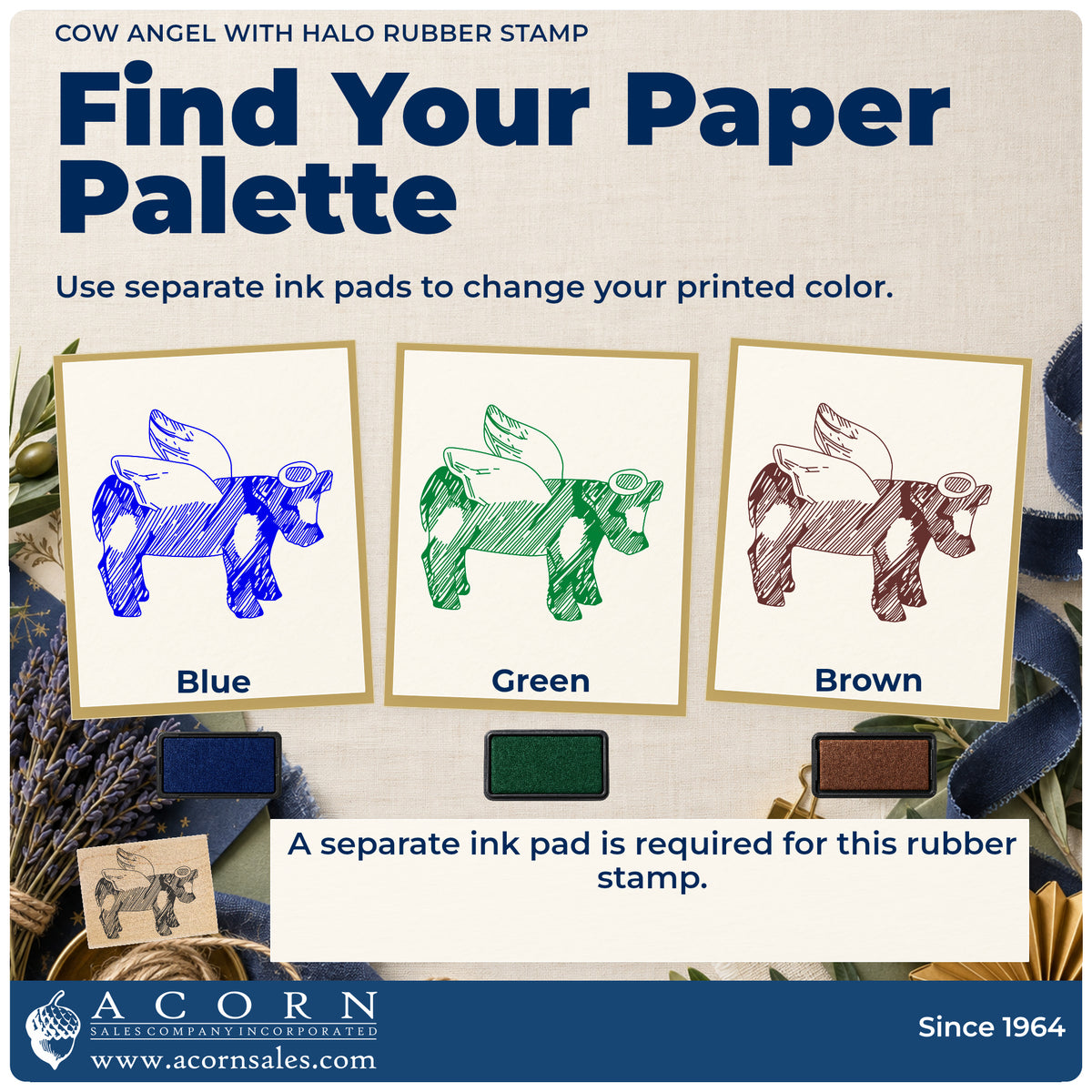 Cow Angel with Halo Rubber Stamp ink-color infographic comparing three single-color impressions and a separate ink pad.