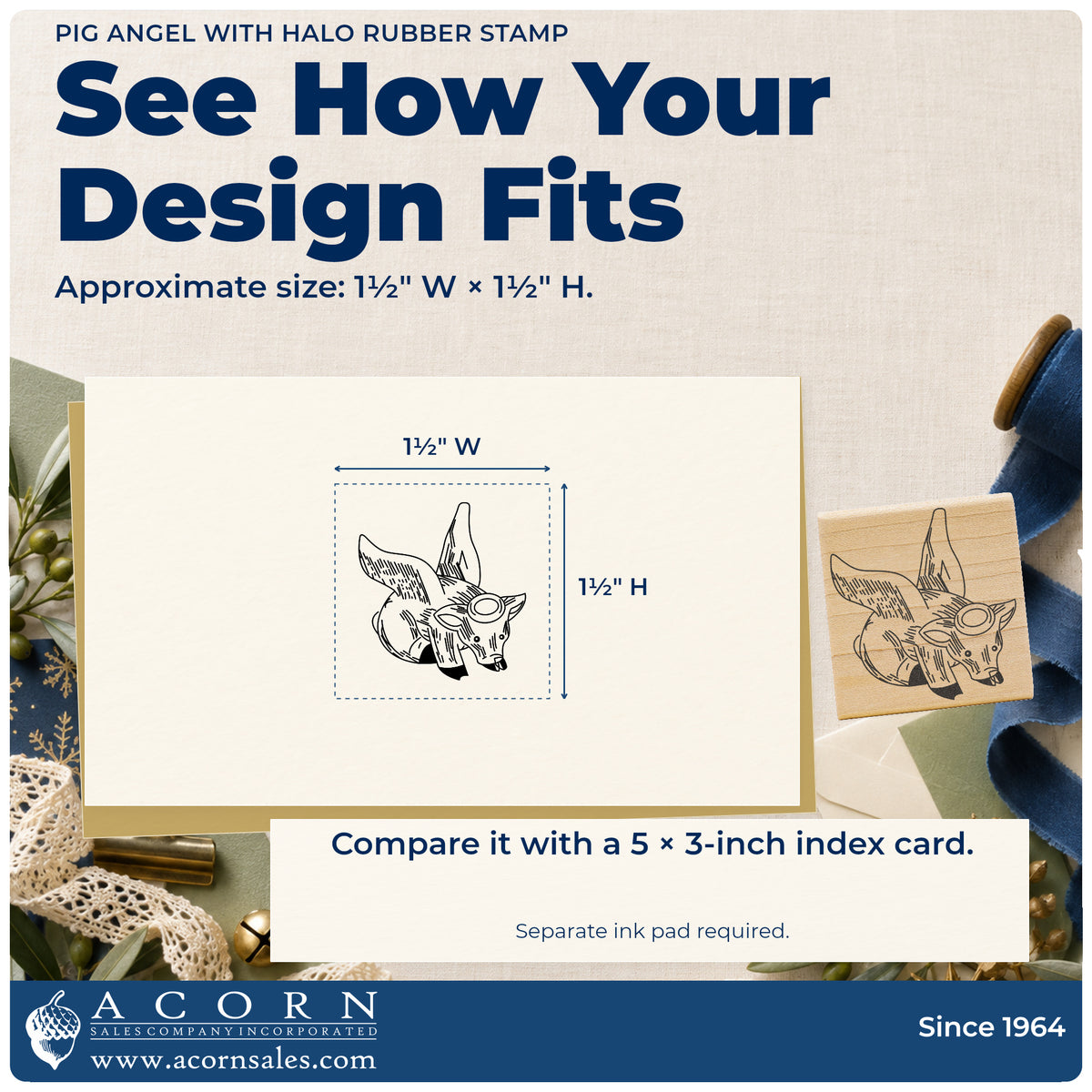 Pig Angel with Halo Rubber Stamp impression-size guide showing the design on a paper reference with dimension labels.
