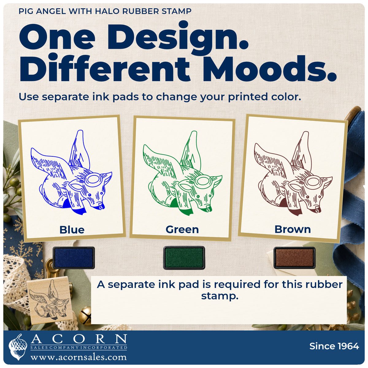 Pig Angel with Halo Rubber Stamp ink-color infographic comparing three single-color impressions and a separate ink pad.