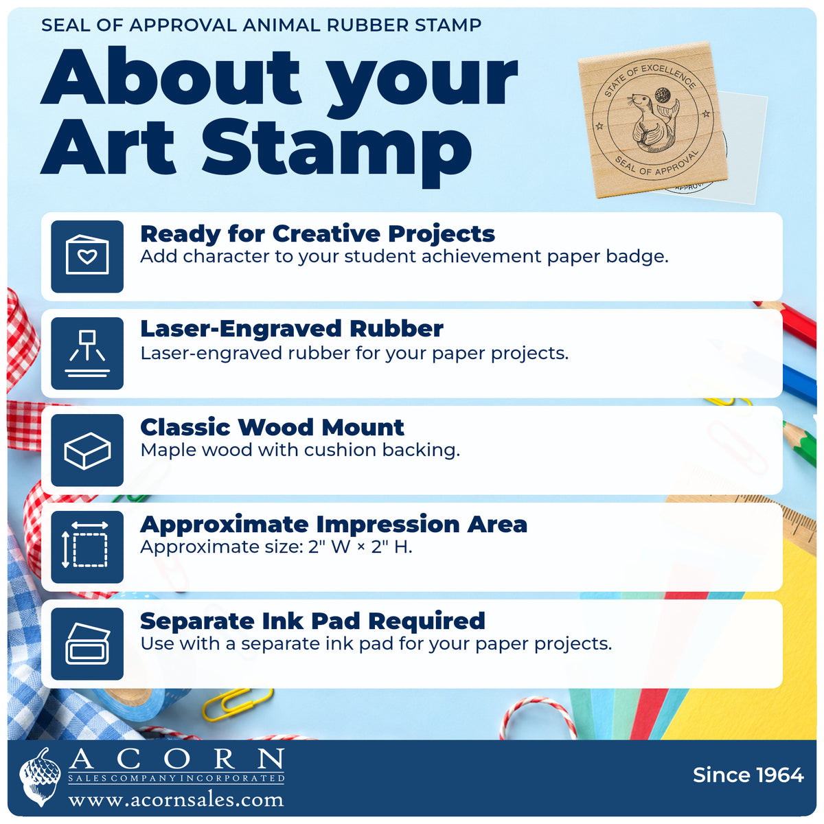 Seal of Approval Animal Rubber Stamp feature guide covering the wood mount, rubber construction, approximate size and separate ink pad.