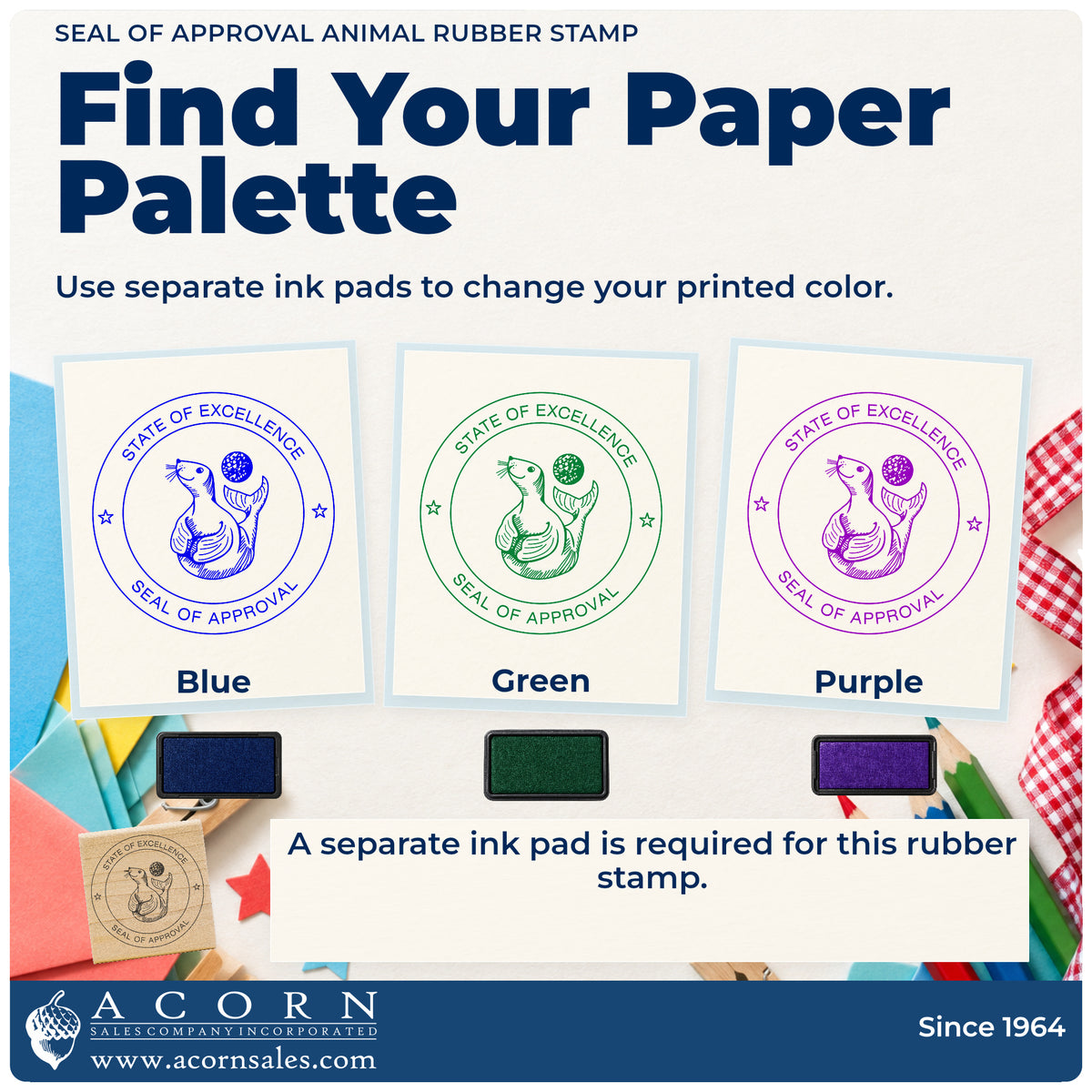 Seal of Approval Animal Rubber Stamp ink-color infographic comparing three single-color impressions and a separate ink pad.