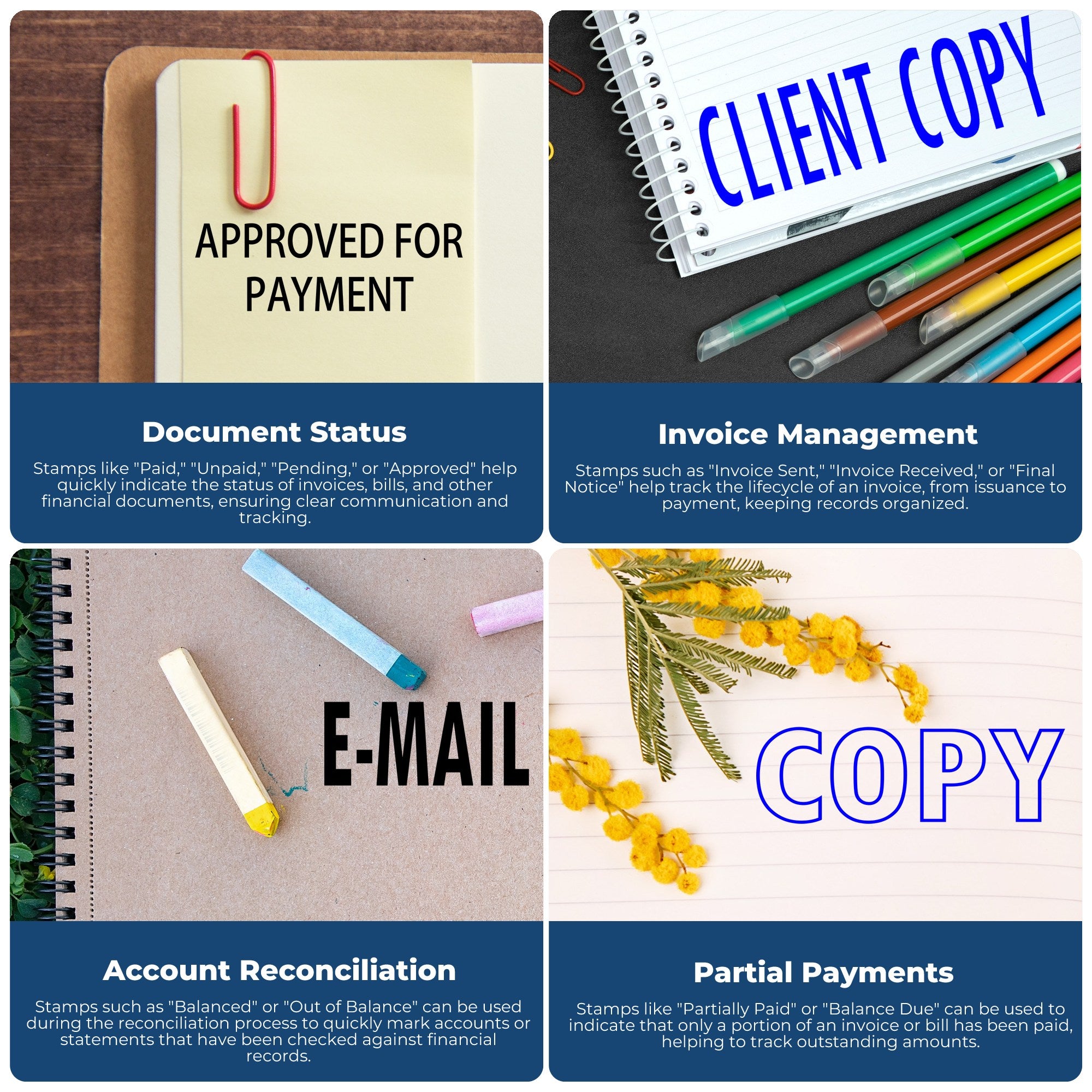 Invoice management infographic showing document status, approved payment, partial payments, and account reconciliation tracking stamps.