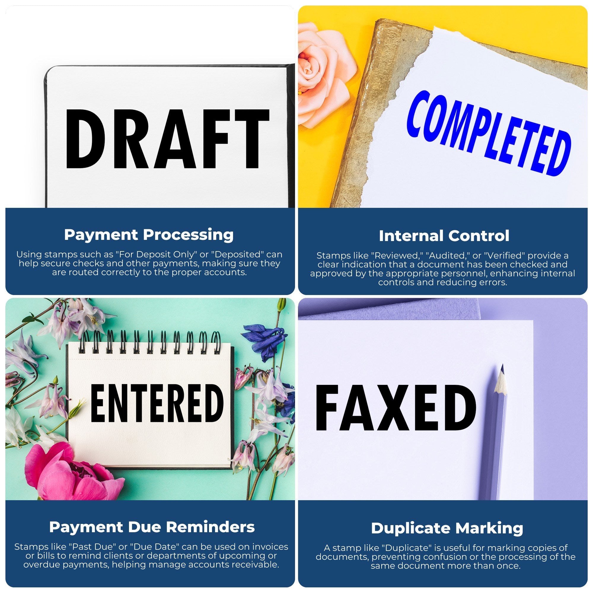 Document stamping infographic showing draft, entered, payment processing, internal control, due reminders, faxed, and duplicate marking.
