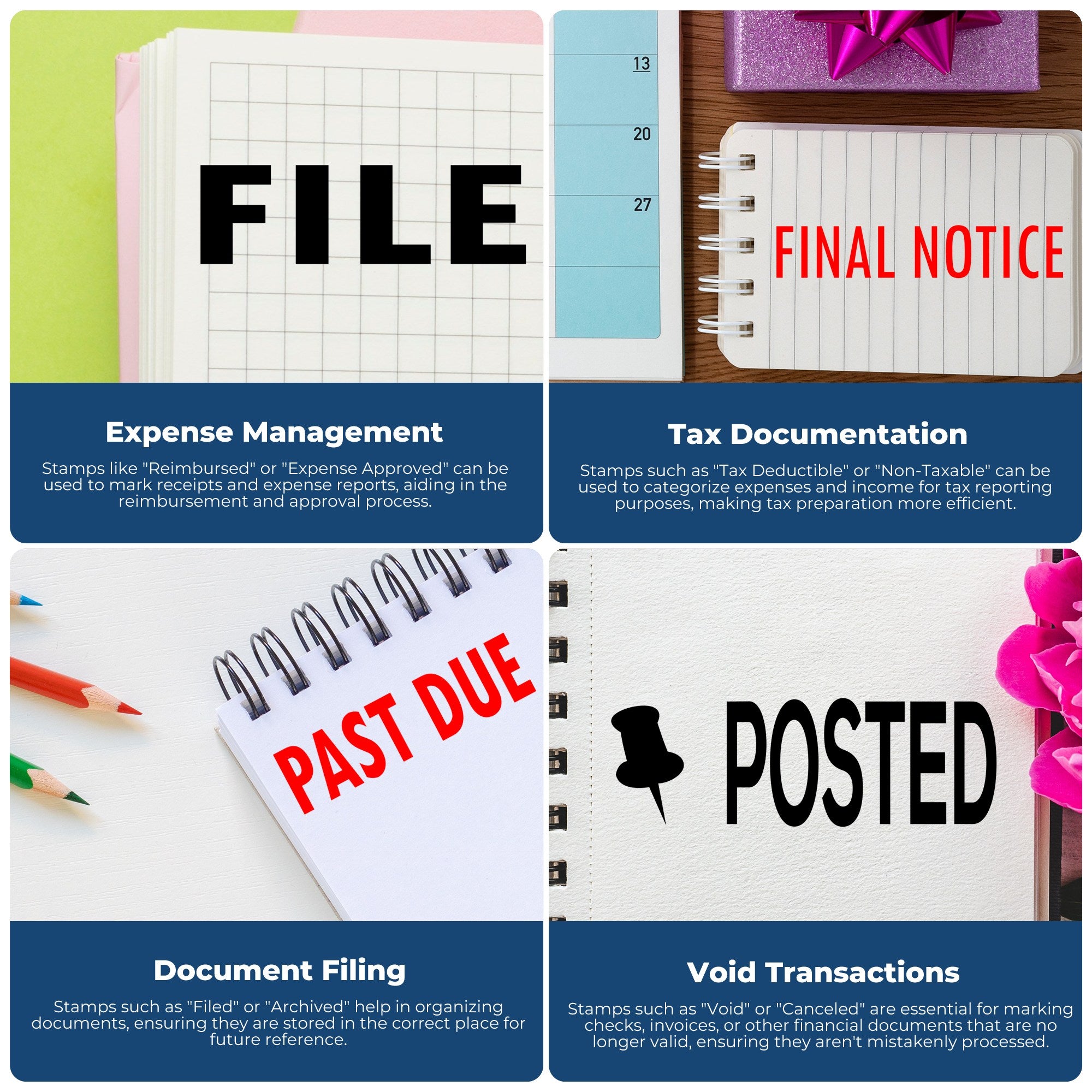 Four-panel infographic showing accounting stamps for Expense Management, Tax Documentation, Document Filing, and Void Transactions.