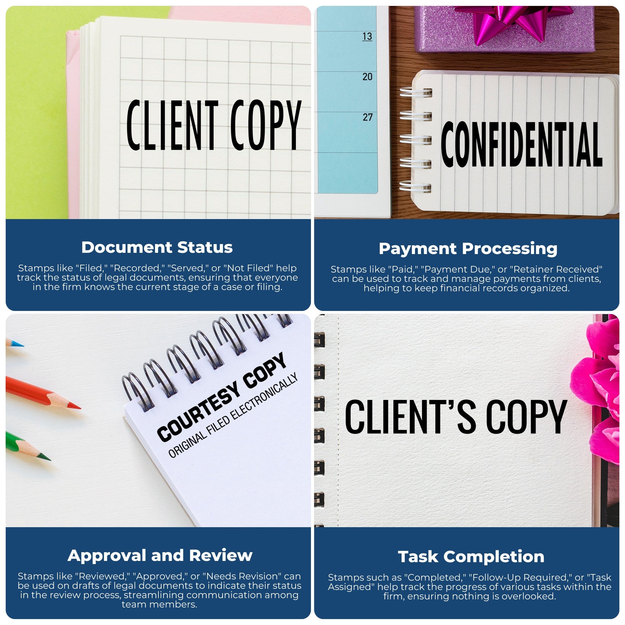 Legal document management infographic showing client copy, document status stamps, payment processing, approval review, and task completion.