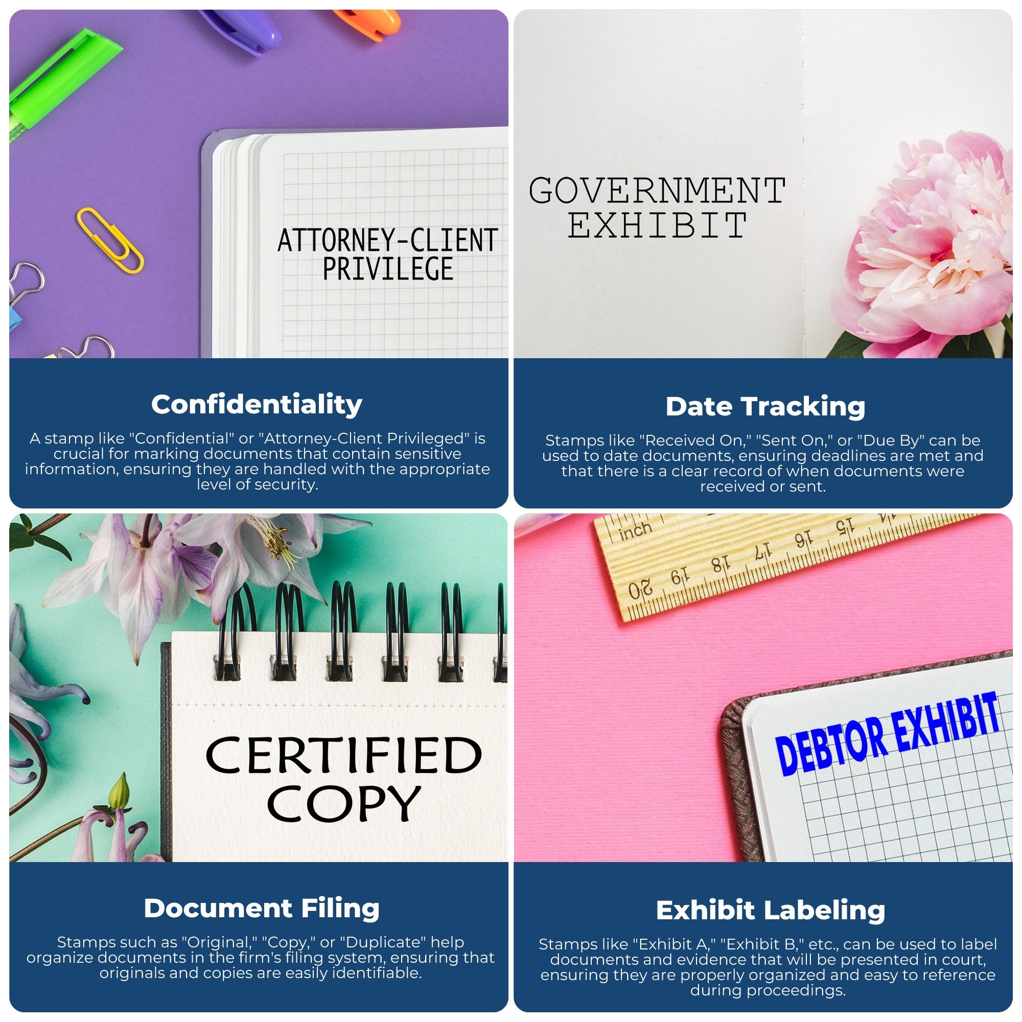 Legal document stamp infographic showing confidentiality, attorney-client privilege, certified copy, filing, date tracking, and exhibit labeling.