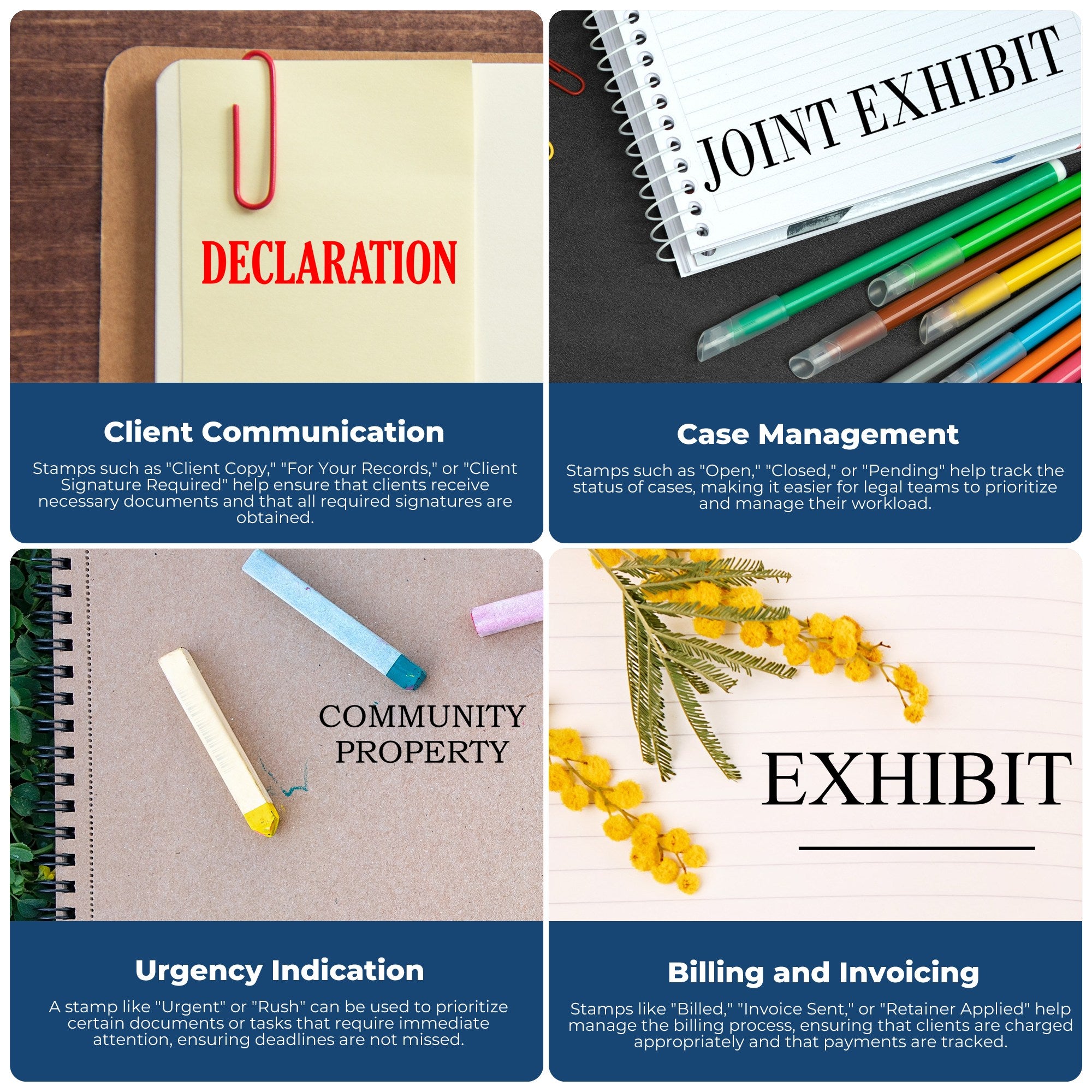 Legal document management graphic with stamps for declaration, client communication, case status, billing, and exhibits.