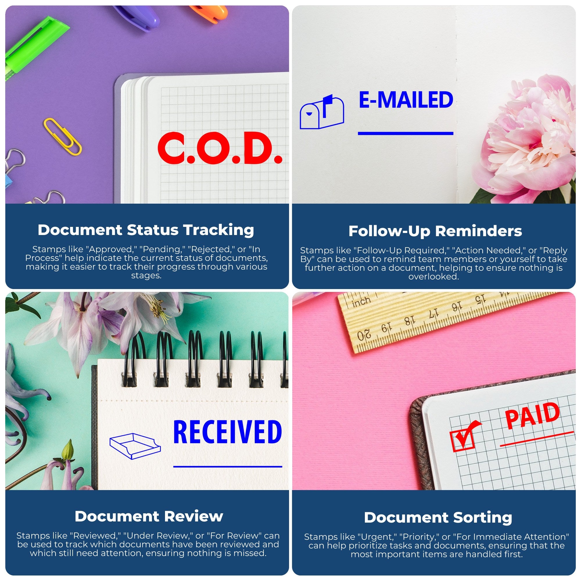 Document workflow infographic showing status tracking, follow-up reminders, review, and sorting using stamps and email cues for teams.