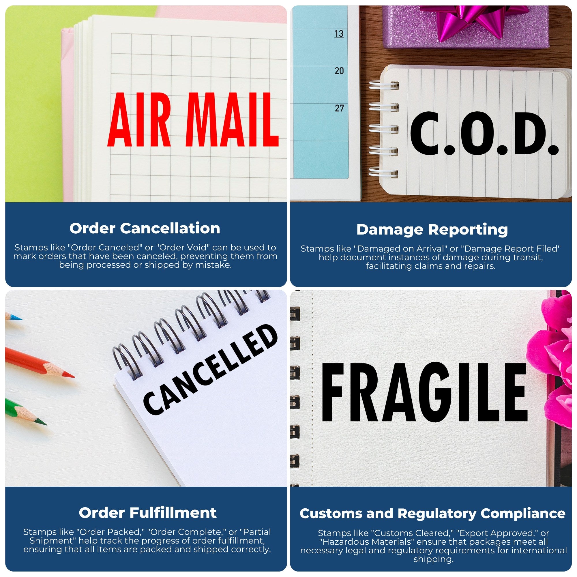 Shipping documentation collage showing air mail, C.O.D., cancel, damage report, fulfillment and customs compliance stamps.