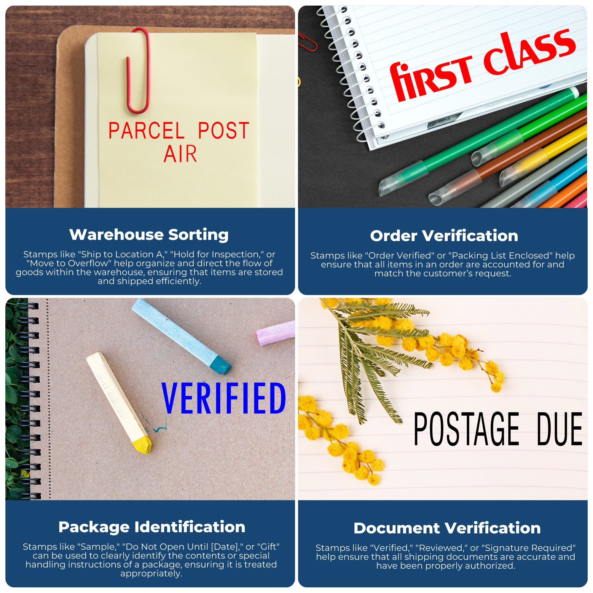 Shipping stamps for warehouse sorting, order verification, package identification, document verification, and postage due.