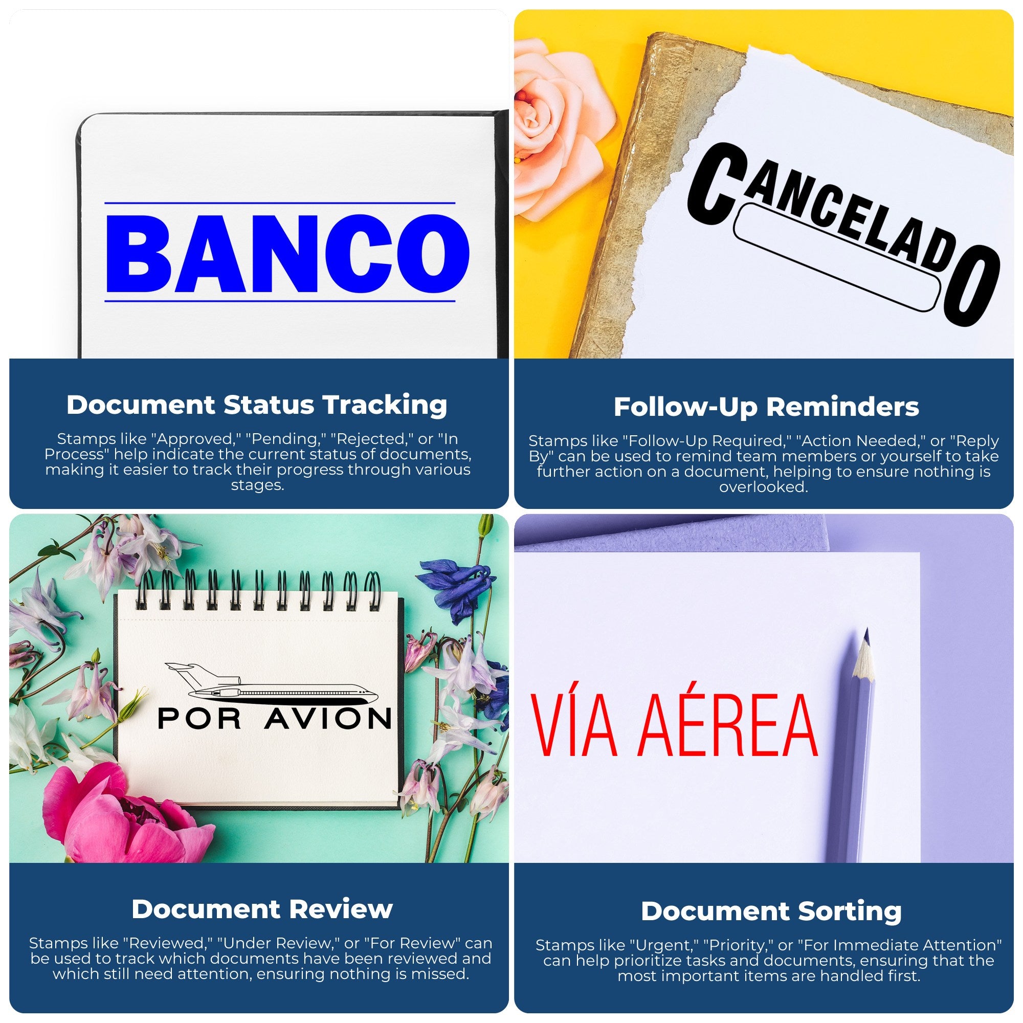 Infographic showing document workflow tools: status tracking, follow-up reminders, document review stamps, and sorting priorities.