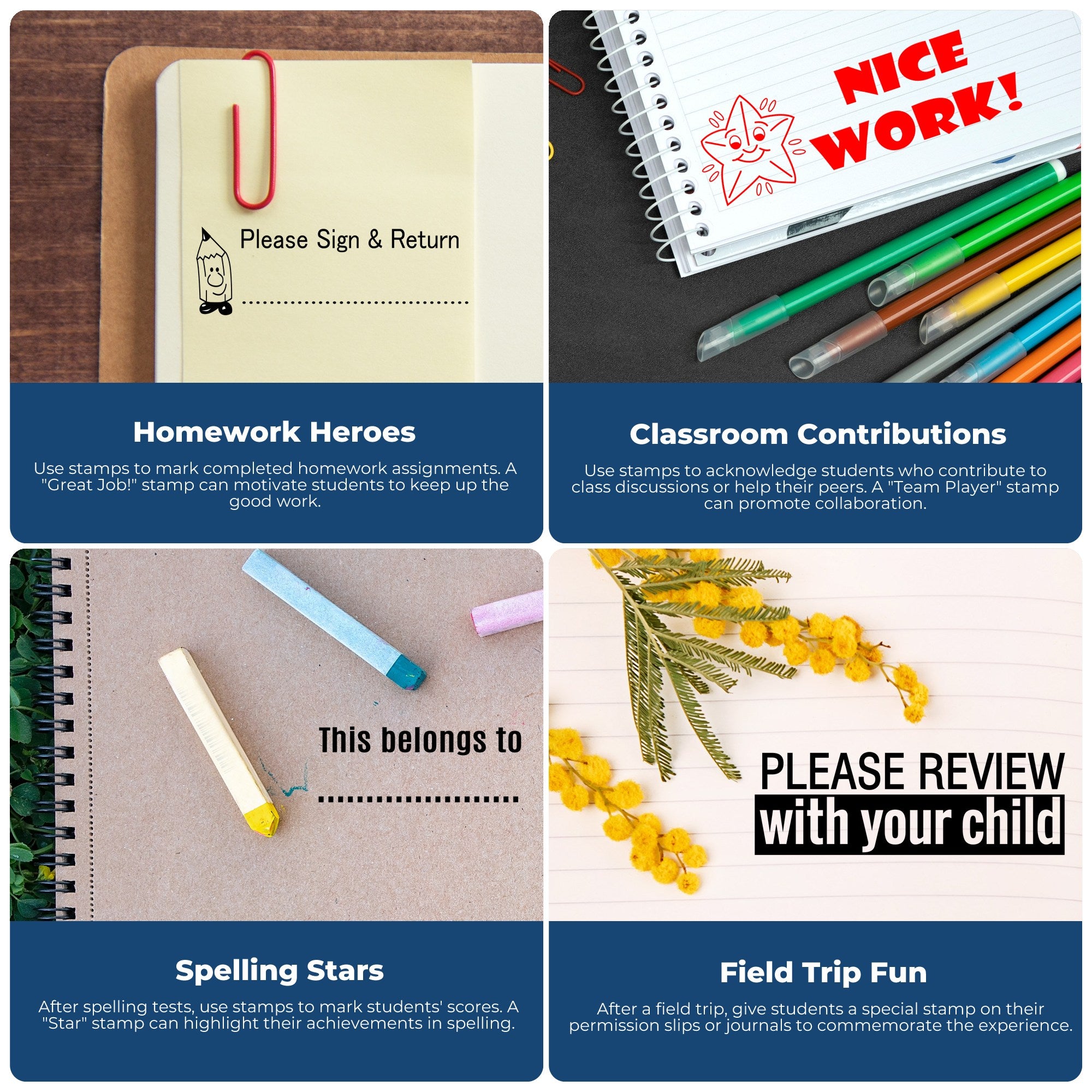 Classroom reward stamp ideas: Please Sign & Return homework, Nice Work contributions, Spelling Stars, and Field Trip Fun.