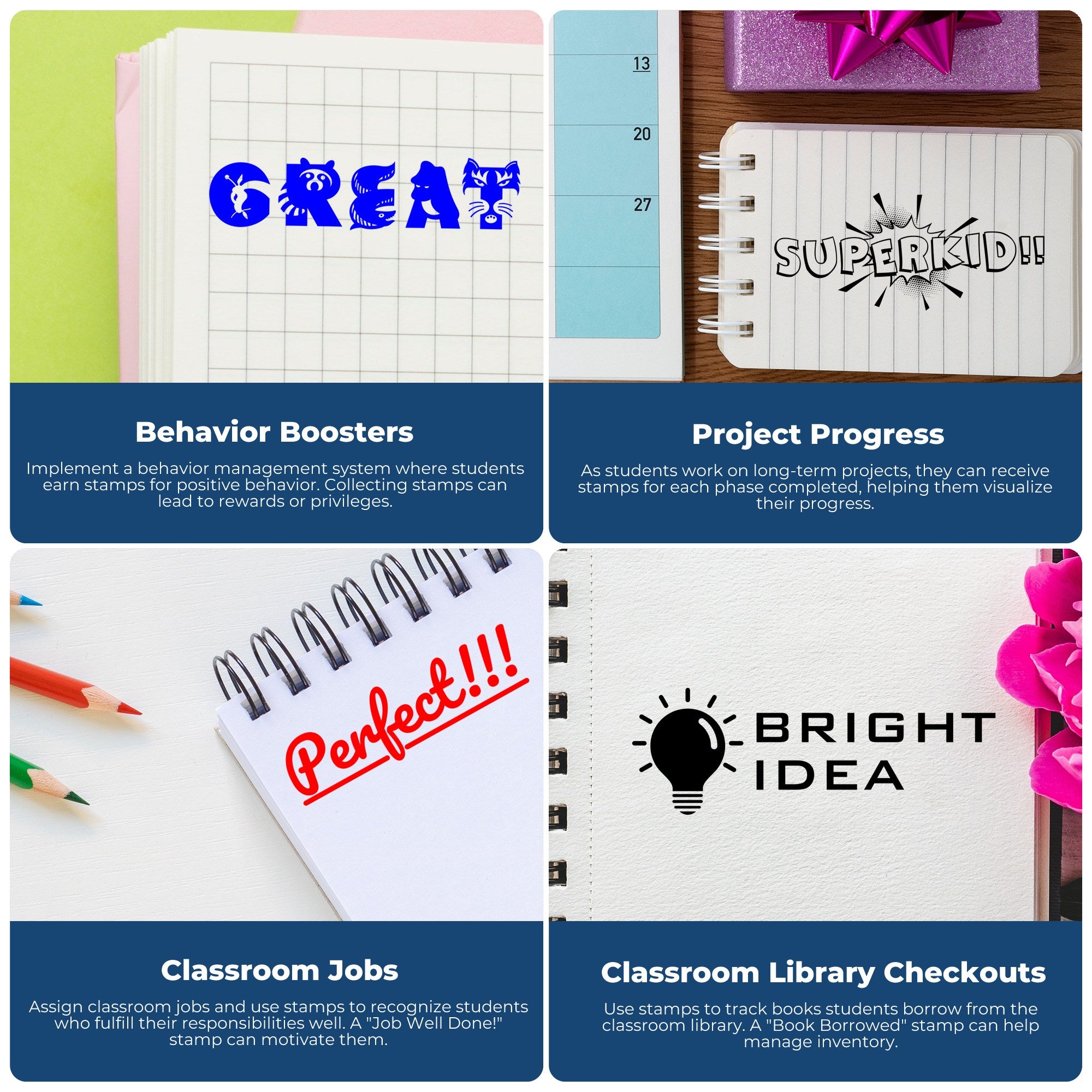Classroom stamp ideas for student rewards, behavior boosts, project progress, jobs, and library checkouts in colorful school notebooks.