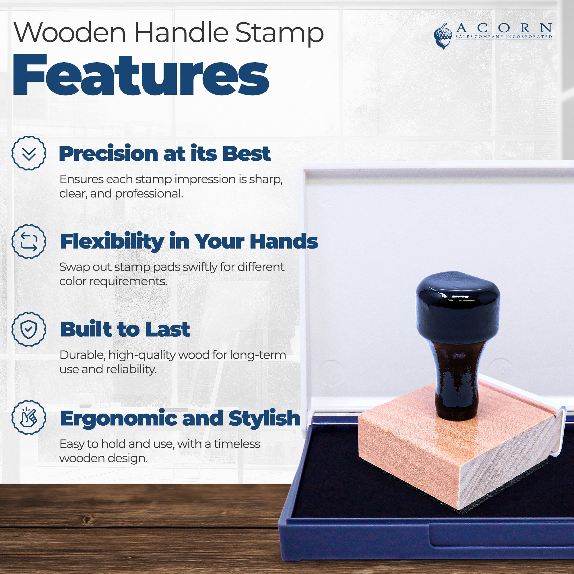 Wooden handle rubber stamp features graphic highlighting precision, durability, ergonomic design, and interchangeable ink pads.