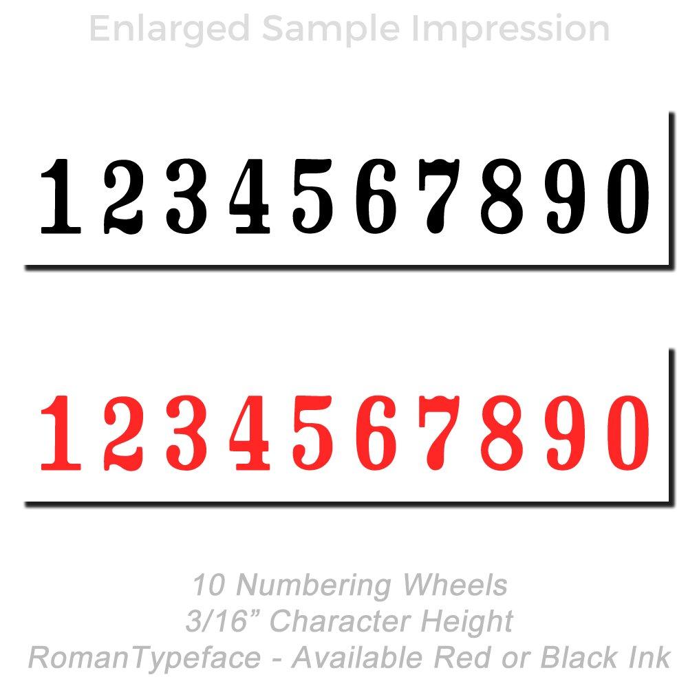10-number numbering wheels in Roman typeface, 3/16-inch character height, available in black and red ink.