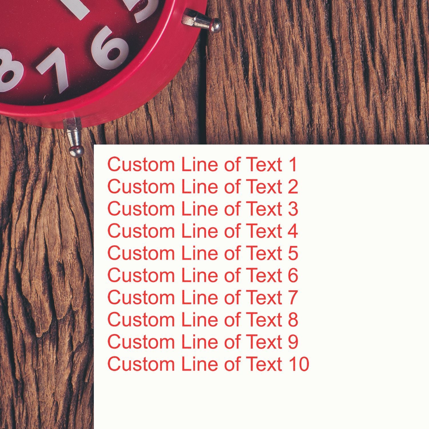 Clock on wood background with customizable text lines on a clean cardtime-themed template for announcements and promotions today