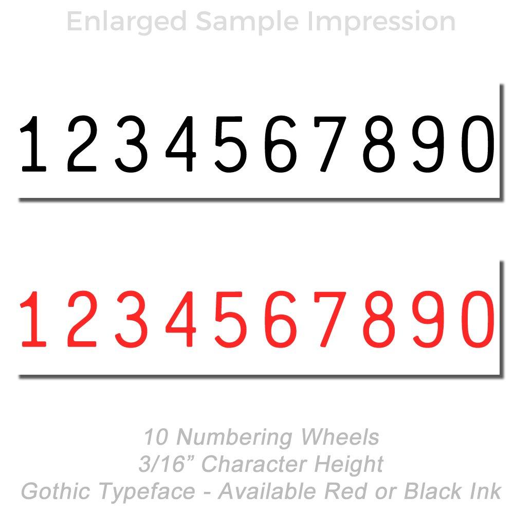 10 numbering wheels in gothic typeface, 3/16 inch character height, available in red or black ink.