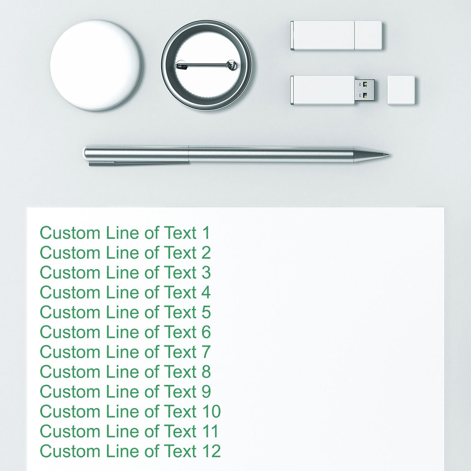 Office tech flat lay with pen, magnifying glass, USB drive and pushpin; includes customizable text box for marketing copy and SEO content.