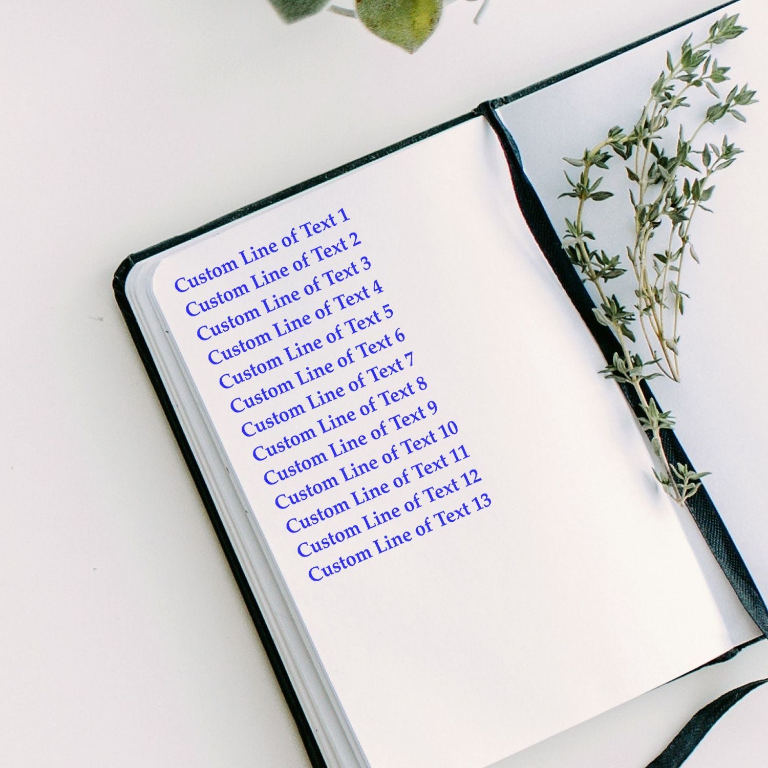Open notebook template with custom text lines in blue and decorative olive sprigs on a clean white background.