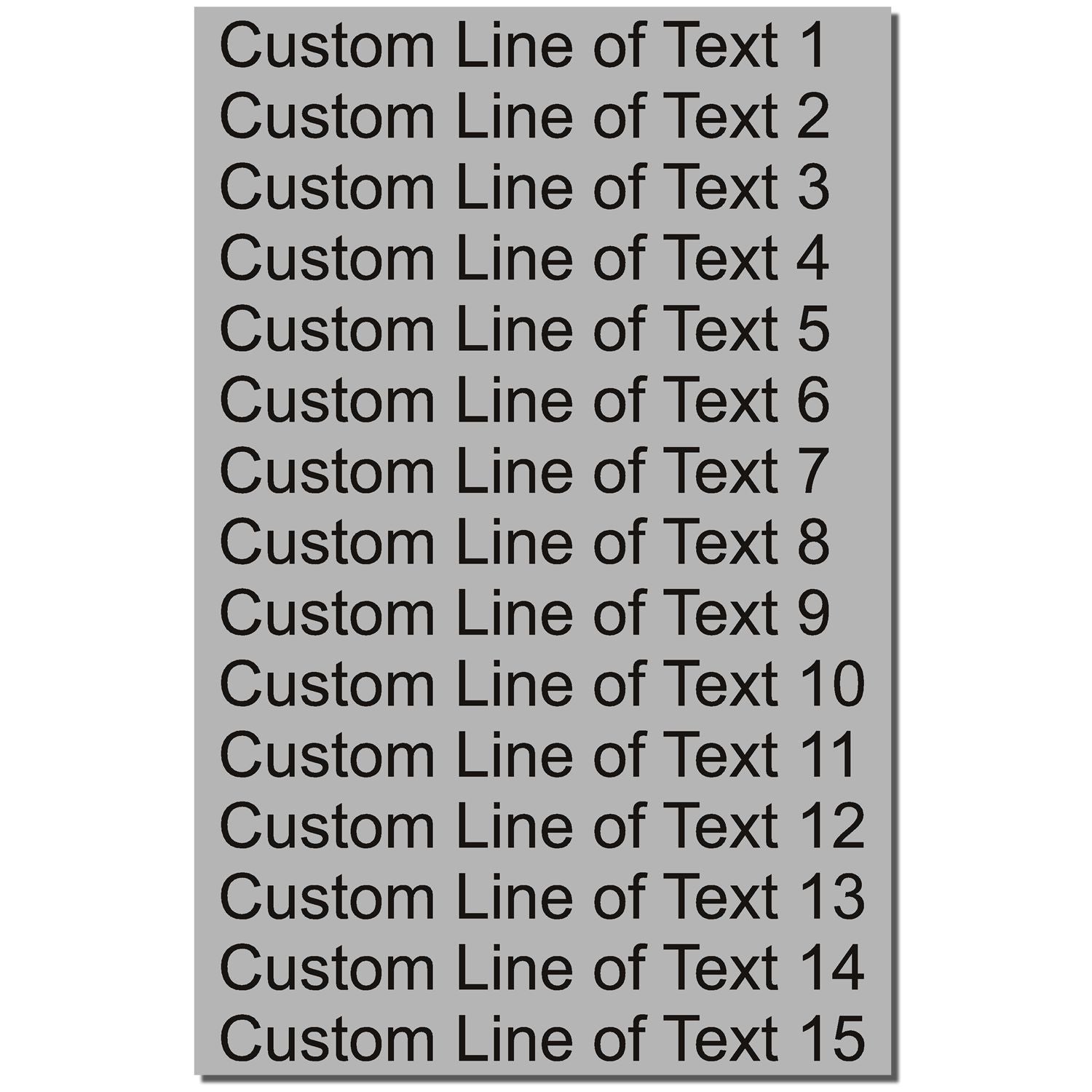 Custom text line layout showing Custom Line of Text 1 through 15 on a gray background.