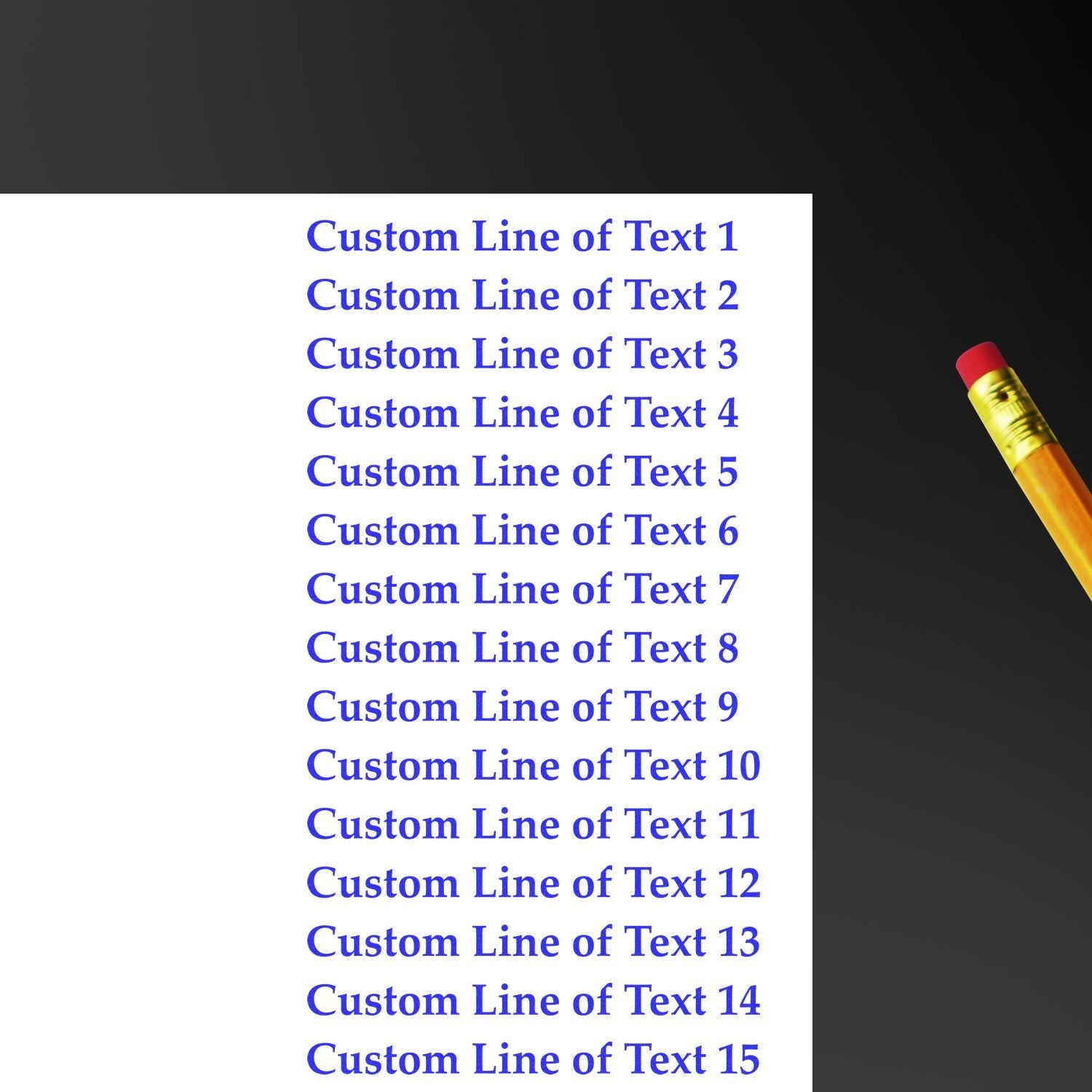 Template graphic with custom blue text lines on a white card and a yellow pencil icon on the right.