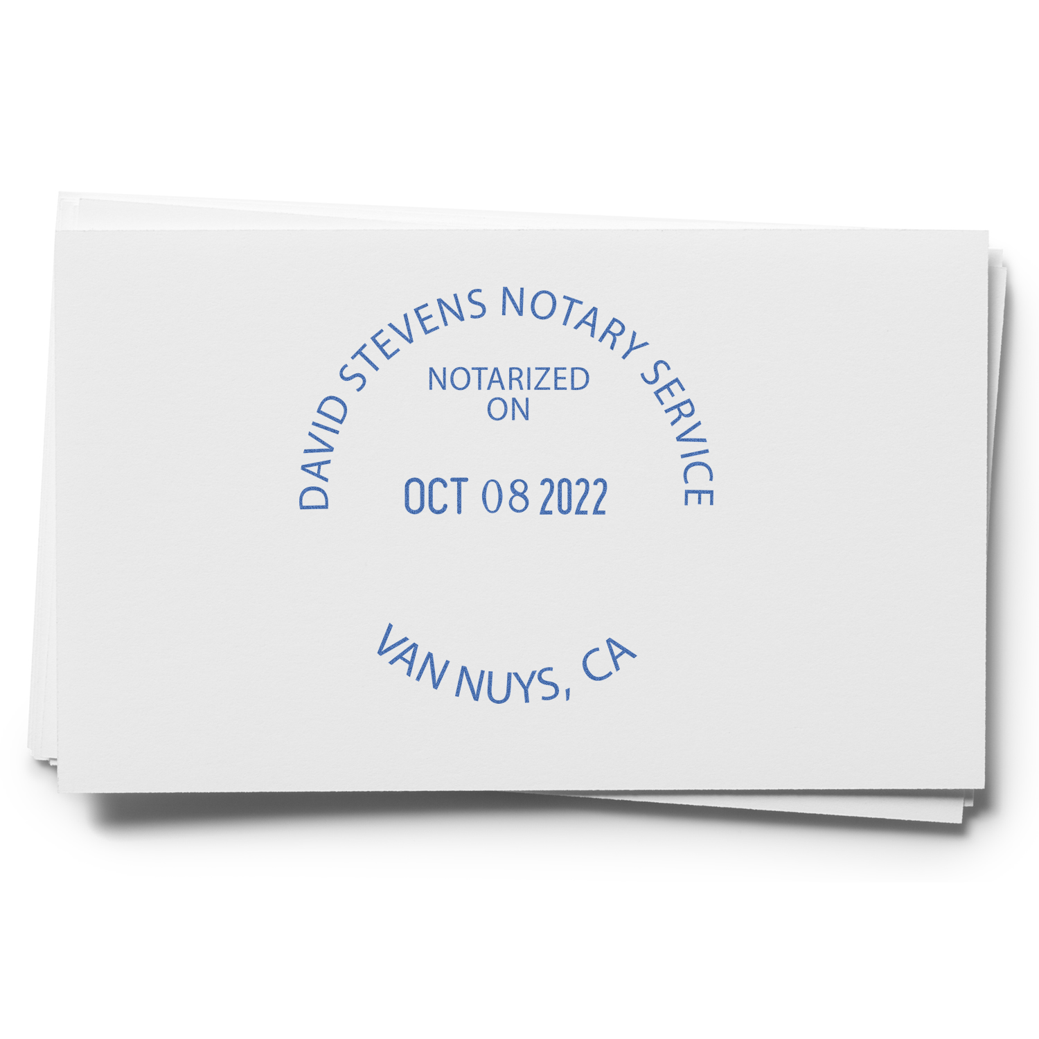 Stack of documents with blue notary seal reading David Stevens Notary Service, Van Nuys, CA, notarized on Oct 08 2022.