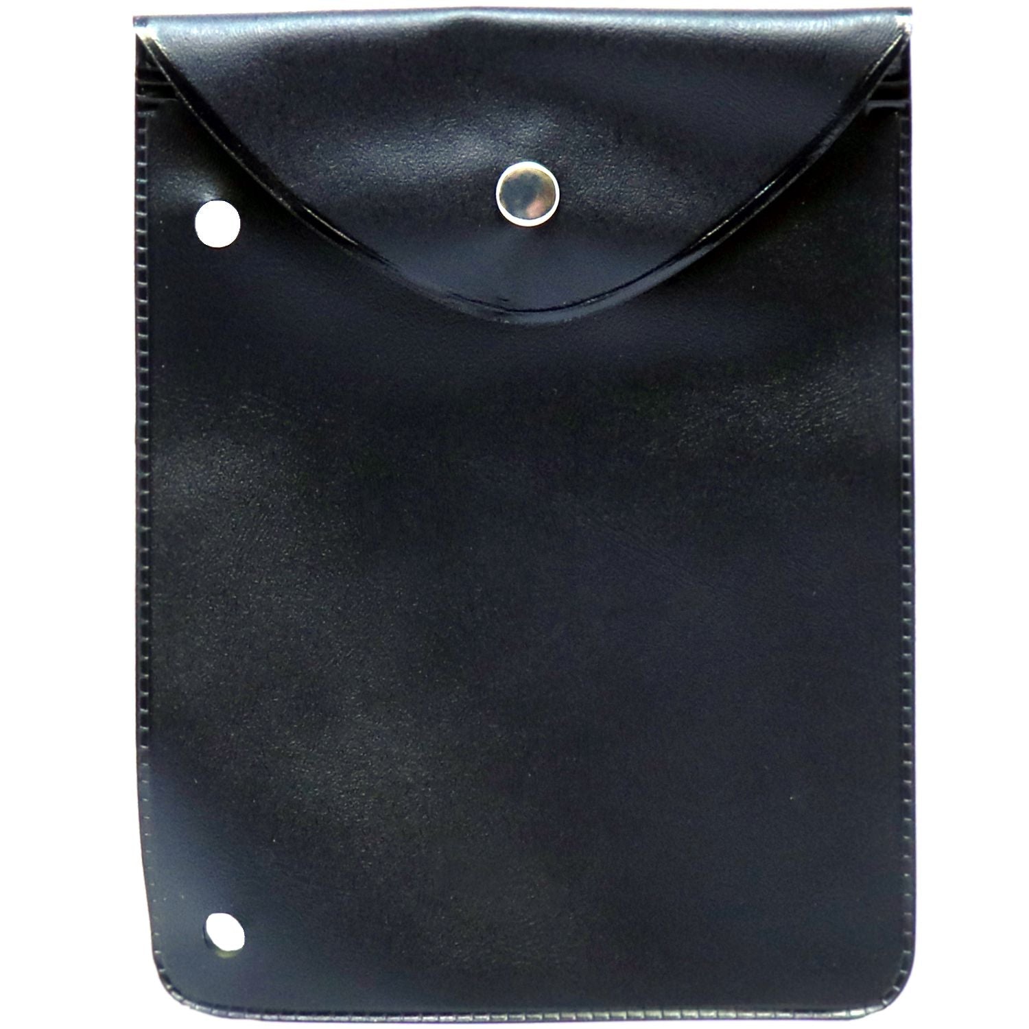 Black leather pouch with snap closure and metal button, minimalist front view accessory case.