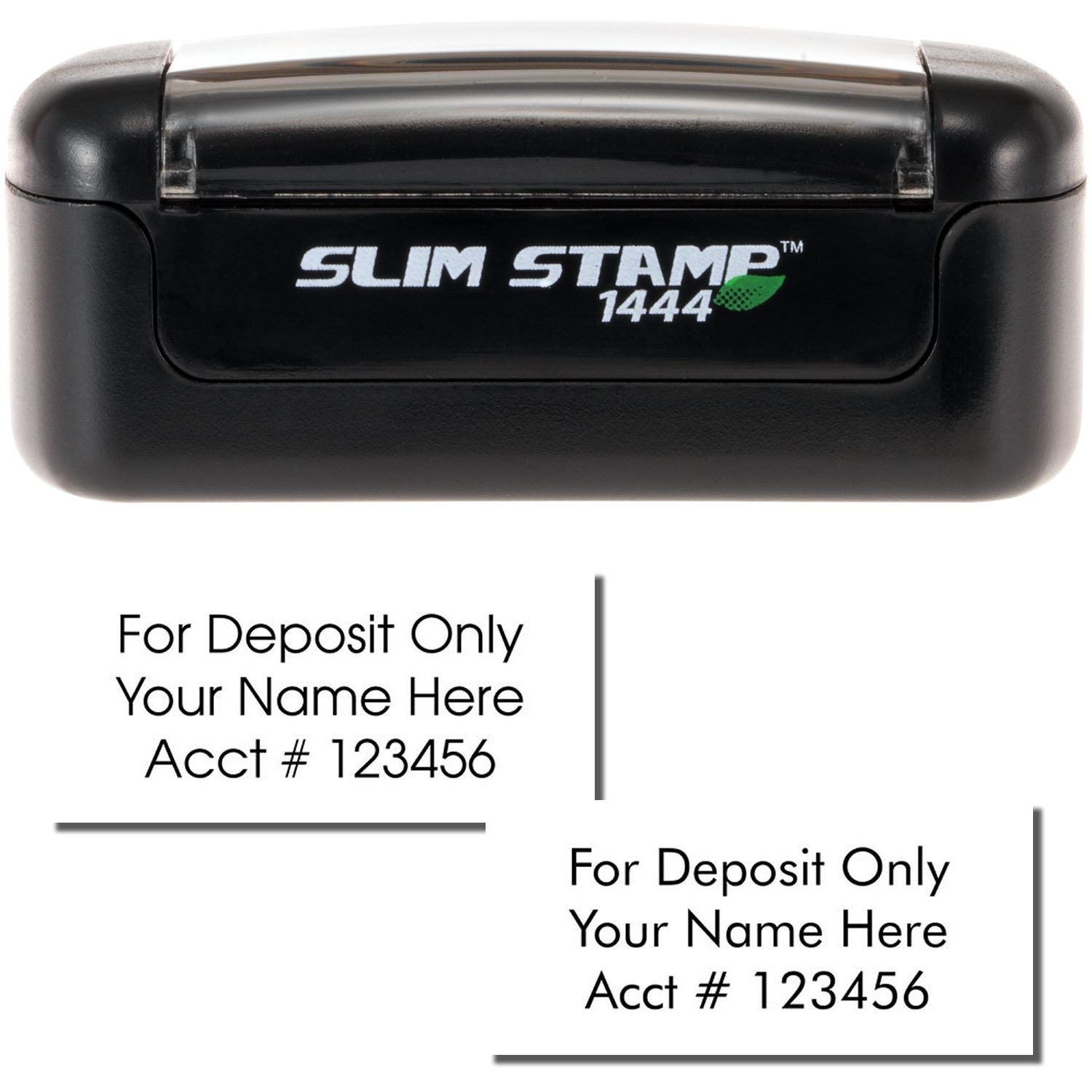 Slim Stamp 1444 custom bank deposit endorsement stamp with “For Deposit Only” name and account number imprint.