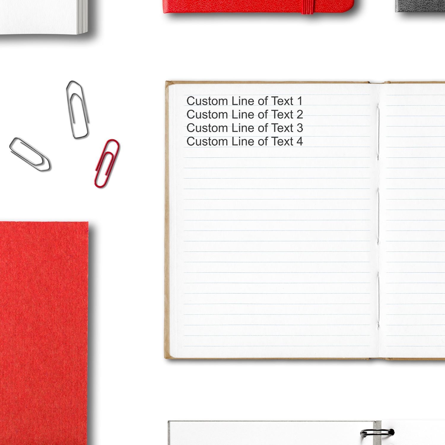 Open lined notebook with custom text lines 14 and colorful paperclips, marketing template for writing notes and content.
