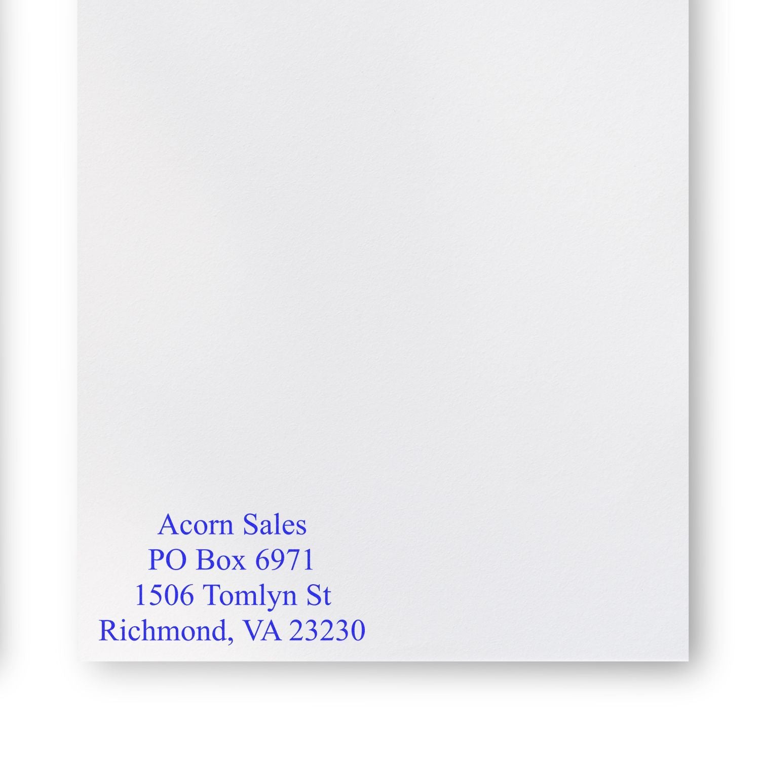 White letterhead with Acorn Sales mailing address in blue text, Richmond, VA 23230.